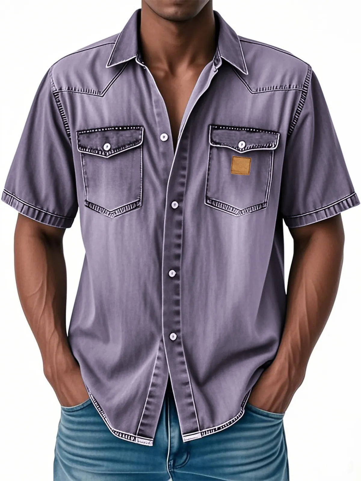 Men's Retro Western Embroidered Multi-Pocket Button Casual Short Sleeve Shirt