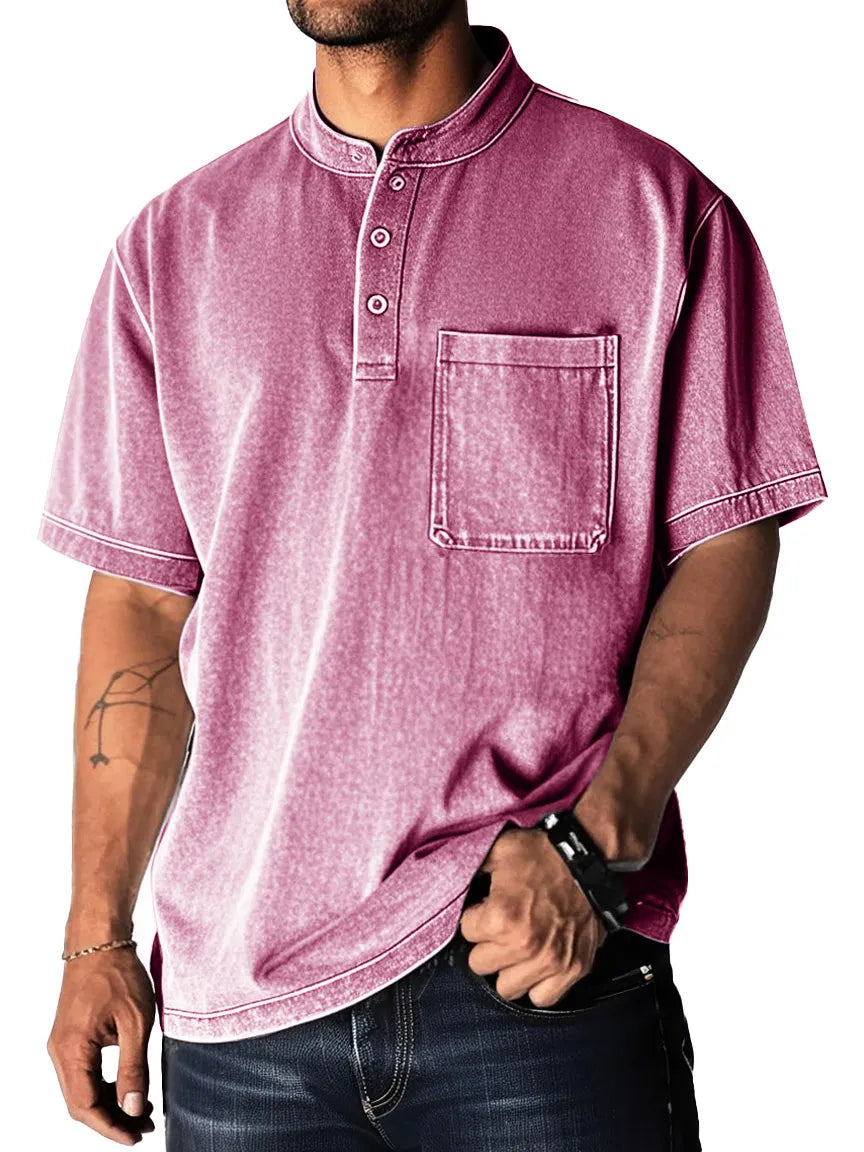 Men's Fashion Retro Distressed Pocket Short Sleeve Lapel Henley Shirt