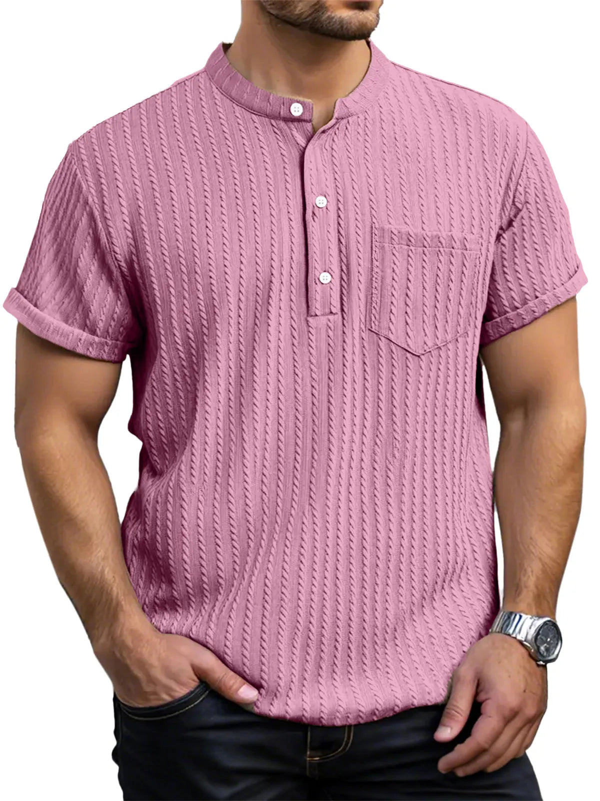Men's Everyday Casual Short Sleeve Textured Button Henley Shirt