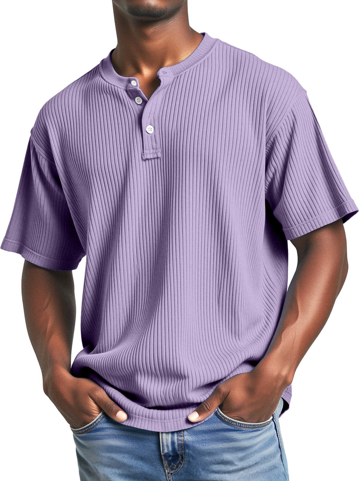 Men's Casual Solid Color Simple Pitted Texture Short-sleeved Henley Shirt