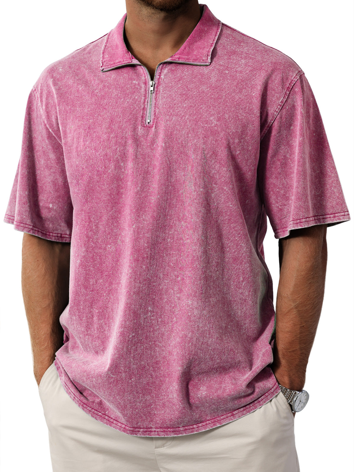 Men's Retro Stand Collar Zipper Solid Color Short Sleeve T-Shirt
