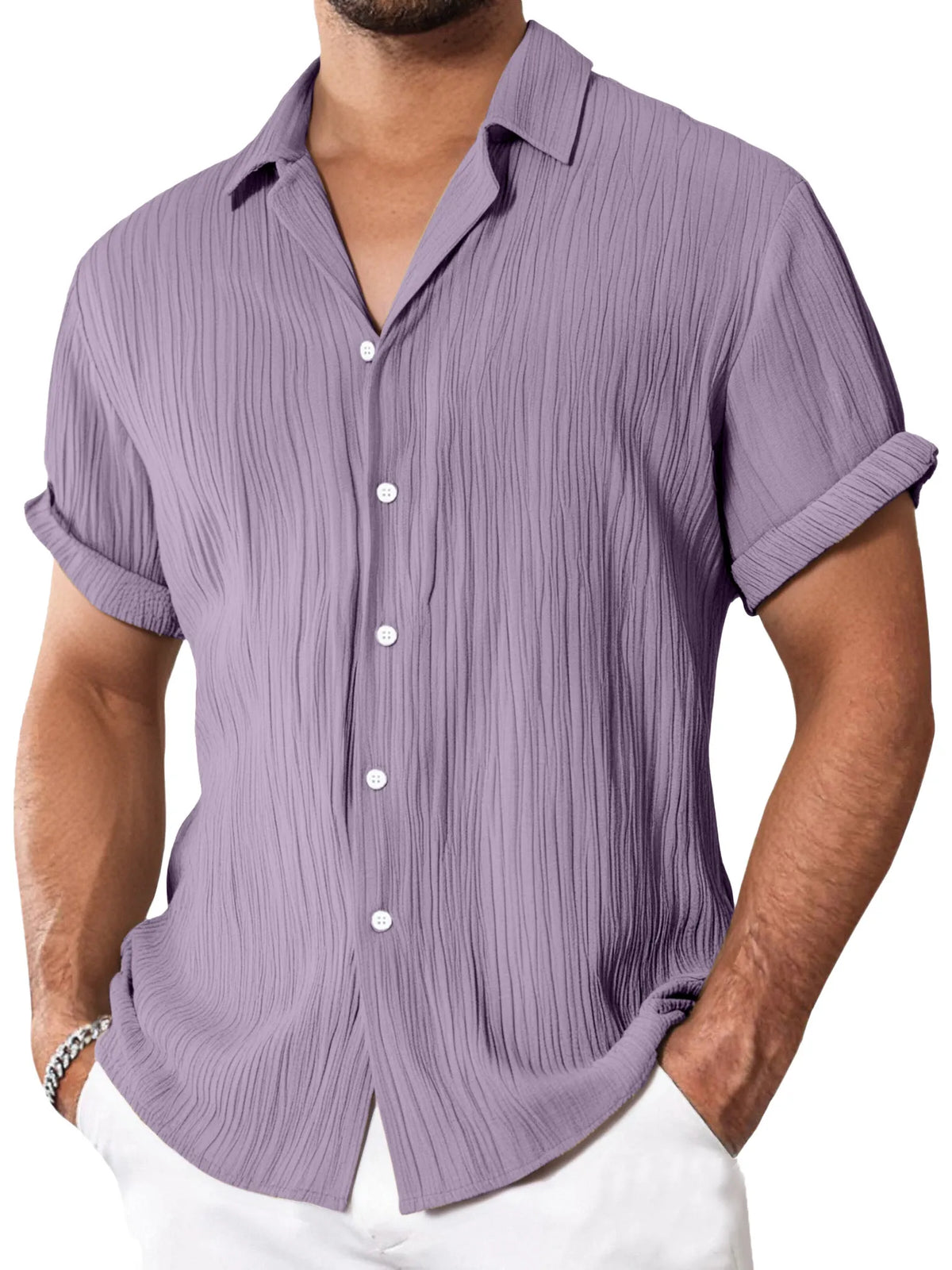 Men's Simple Everyday Textured Short Sleeve Lapel Button-down Shirt