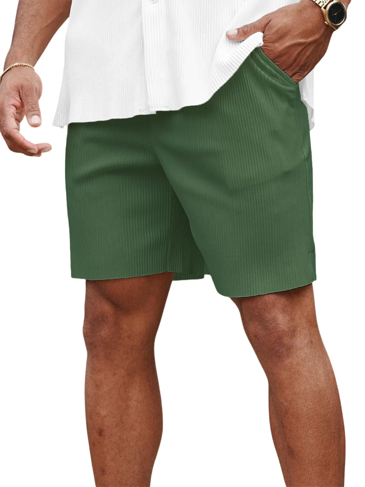 Men's Casual Pit Stripe Pleated Elastic Stretch Shorts with Side Pockets