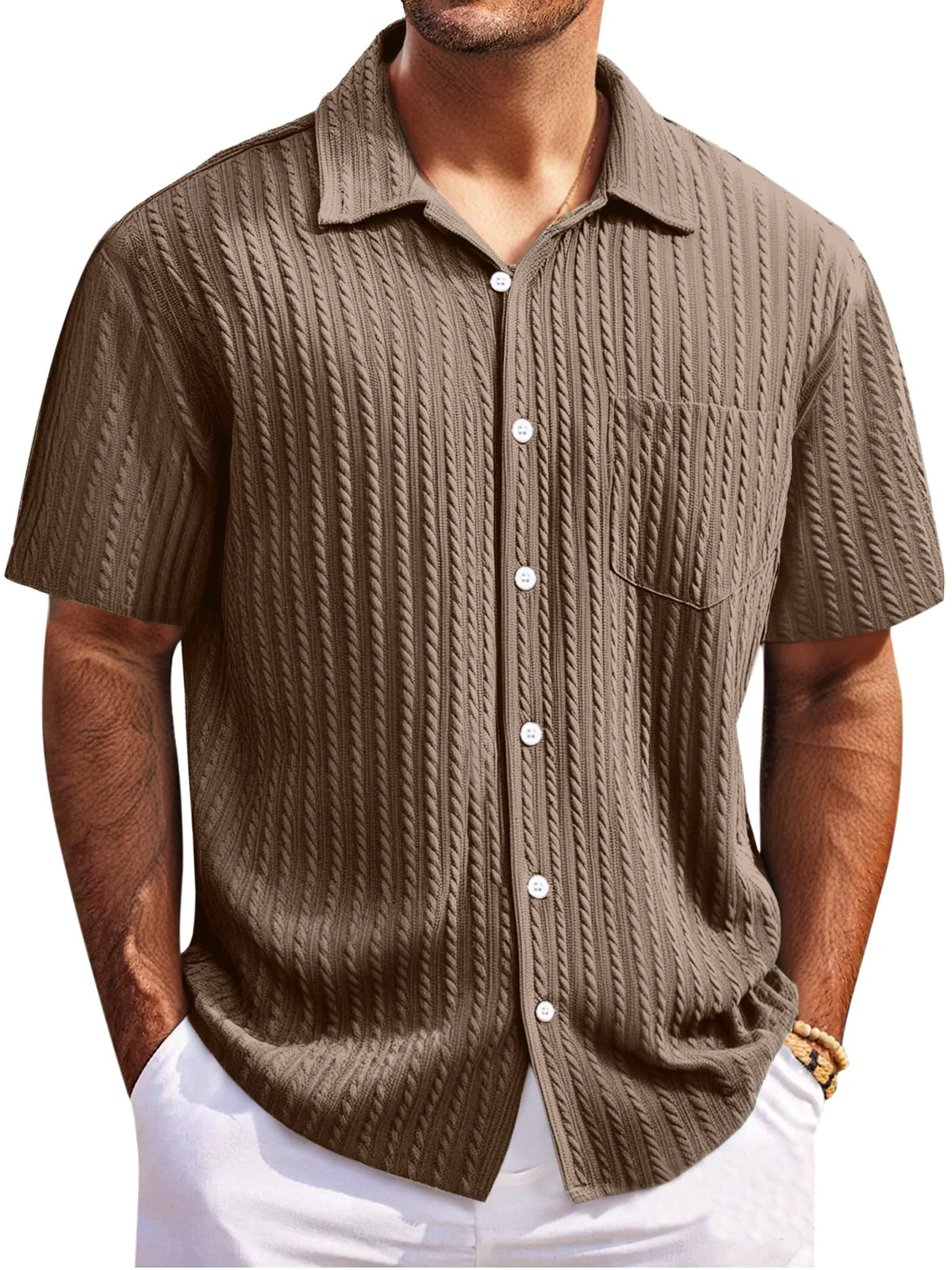 Men's Simple Everyday Twist Texture Short-sleeved Lapel Button-down Shirt