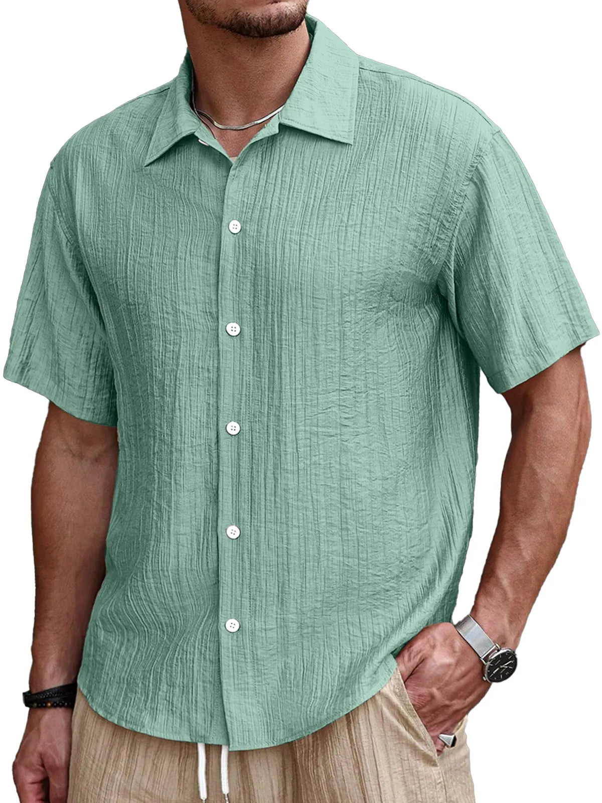 Men's Simple Casual Pleated Solid Color Short Sleeve Button Lapel Shirt