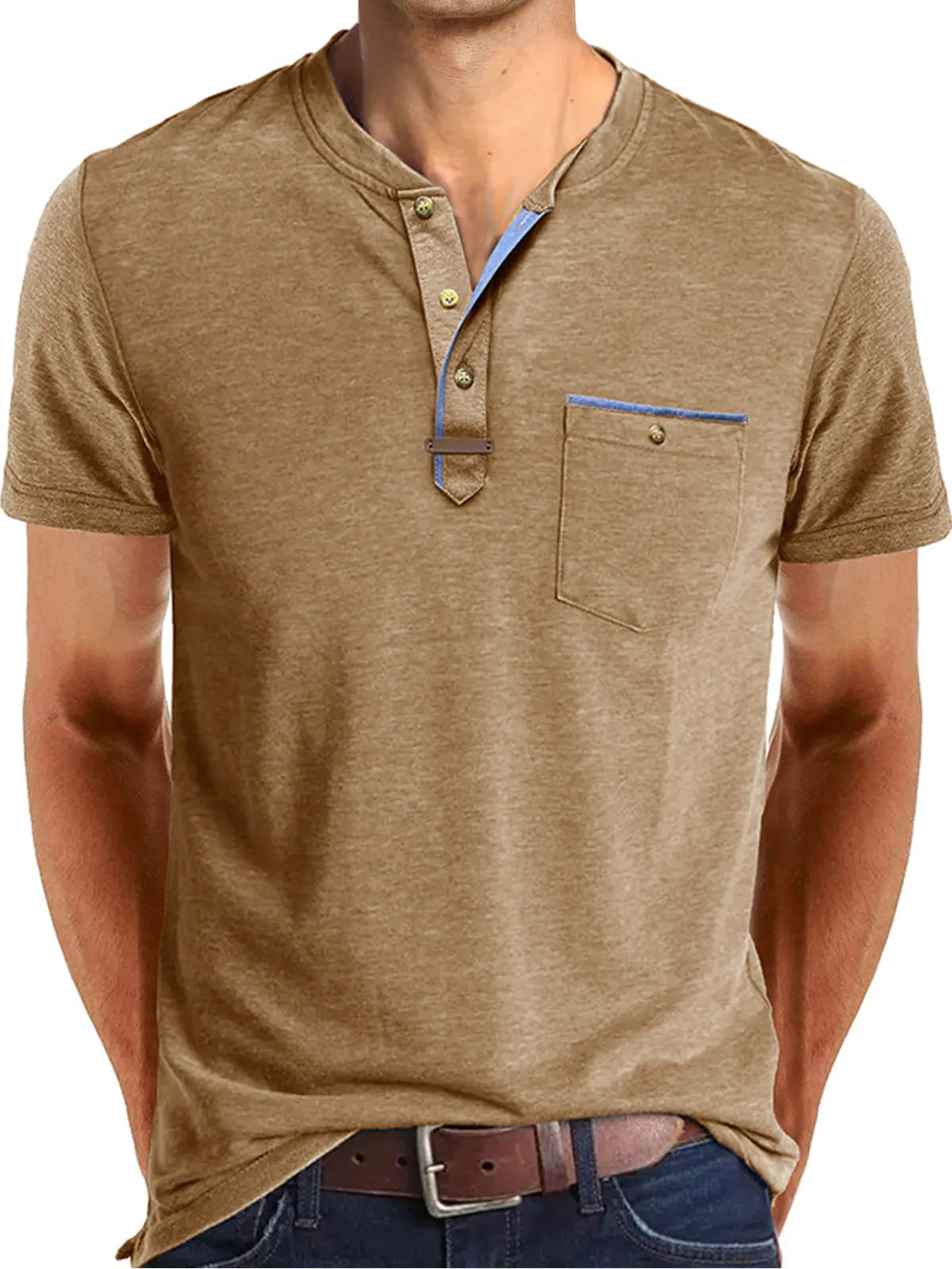 Men's Casual Button Solid Color Pocket Short Sleeve Henley Shirt