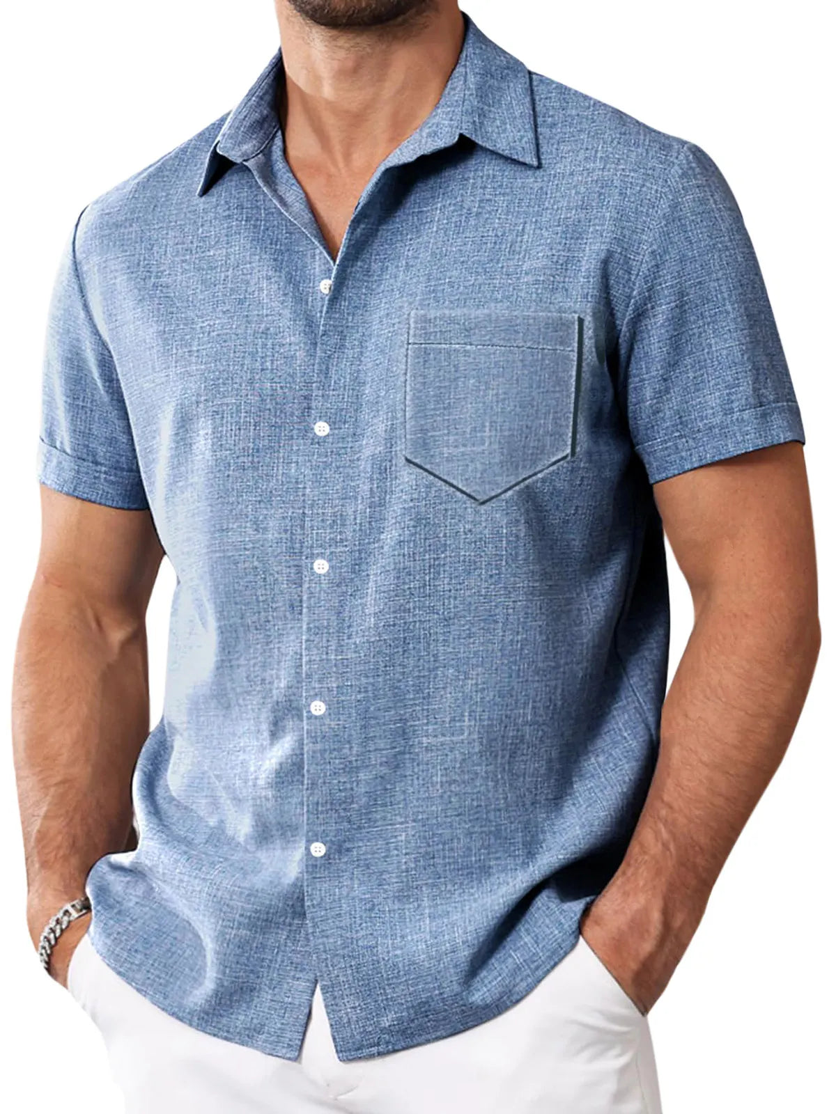 Men's Simple Solid Color Imitation Linen Lapel Button-down Short-sleeved Shirt