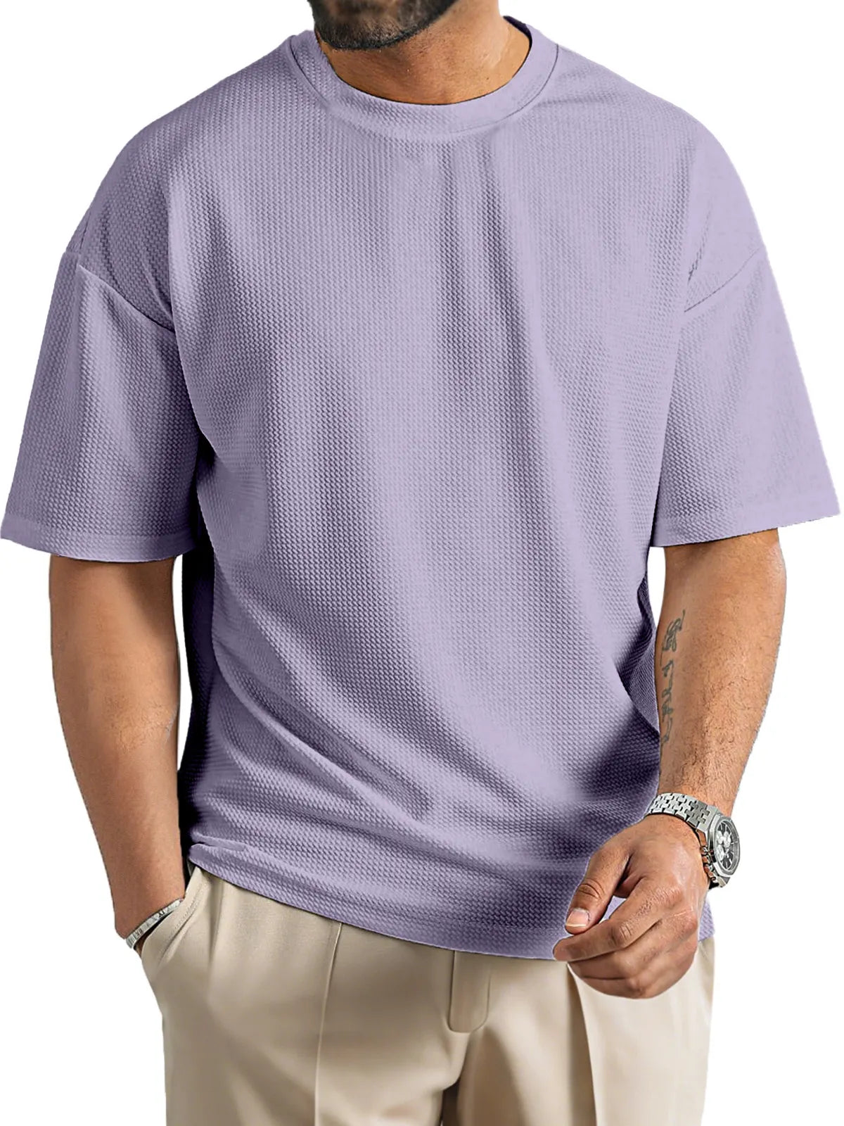 Men's Daily Solid Color Waffle Texture Round Neck Short-sleeved T-shirt