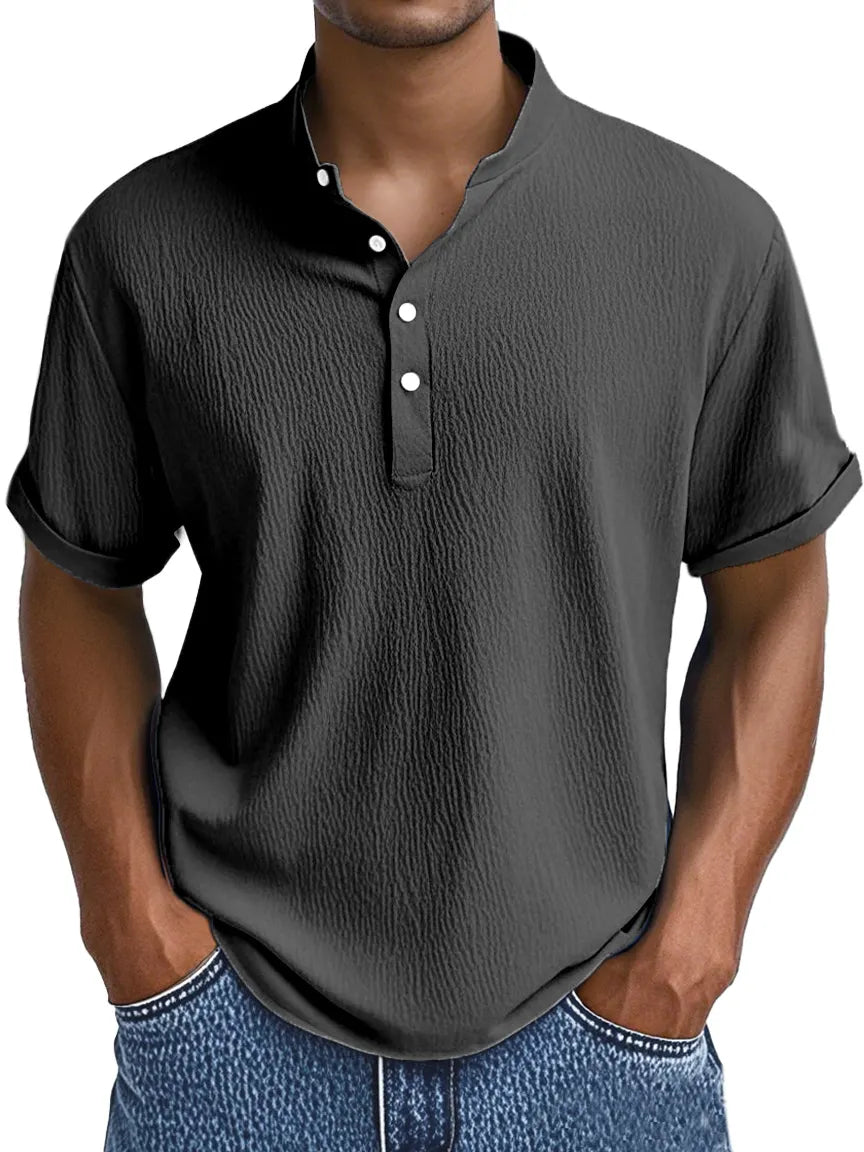 Men's Summer Daily Solid Color Pleated Texture Short-sleeved Henley Shirt