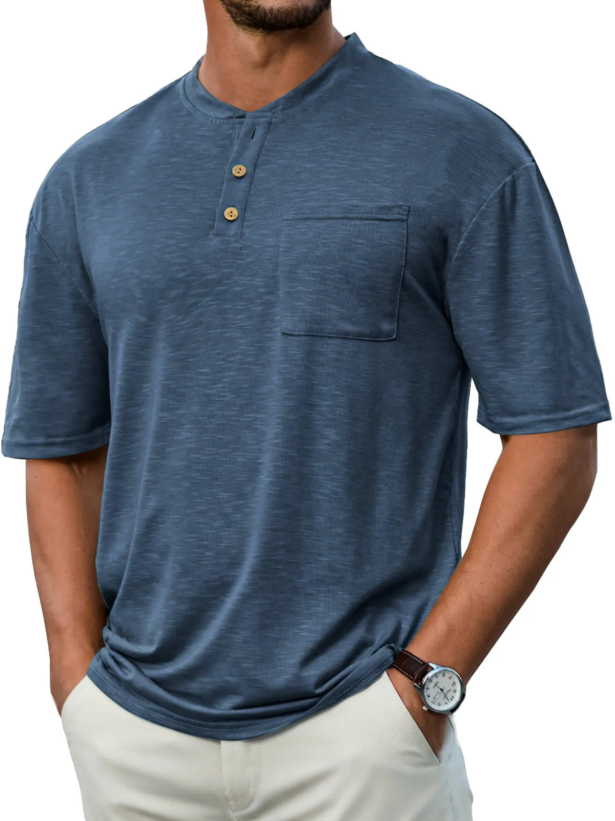 Men's Everyday Casual Stand Collar Pocket Comfort Short Sleeve Henley Shirt