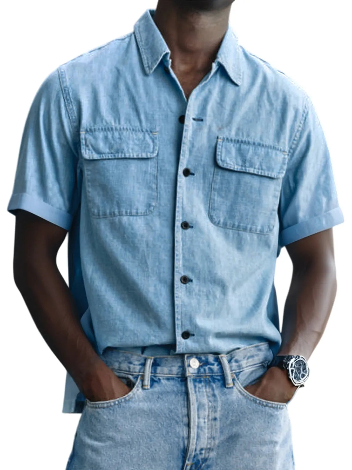 Men's Vintage Utility Double Pocket Button Down Short Sleeve Shirt