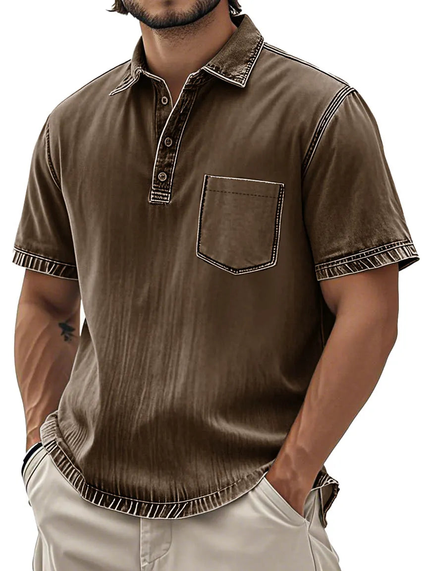 Men's Fashion Retro Washed Cotton Lapel Pocket Polo Shirt