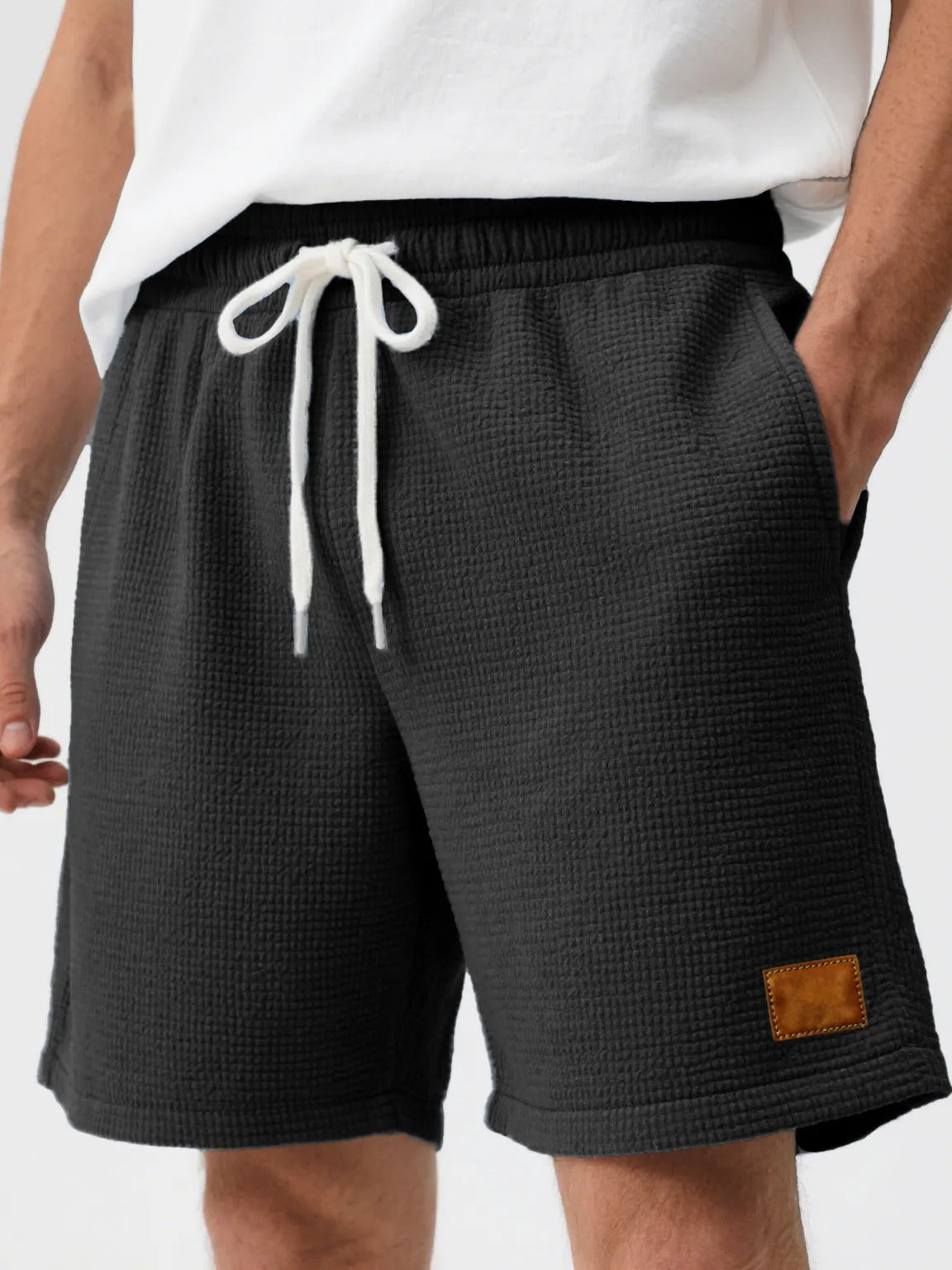 Men's Fashion Casual Waffle Fabric Embroidered Logo Lace-up Loose Shorts