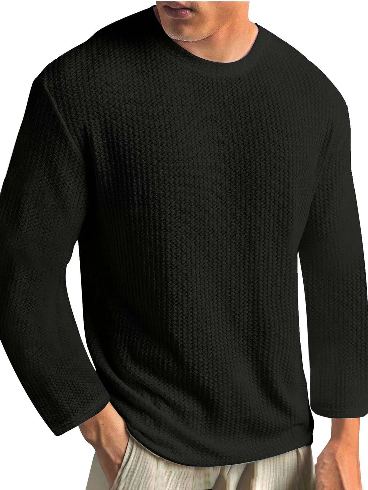 Men's Knitted Waffle Fabric Solid Color Basic Casual Base Outer Wear Long-sleeved T-shirt