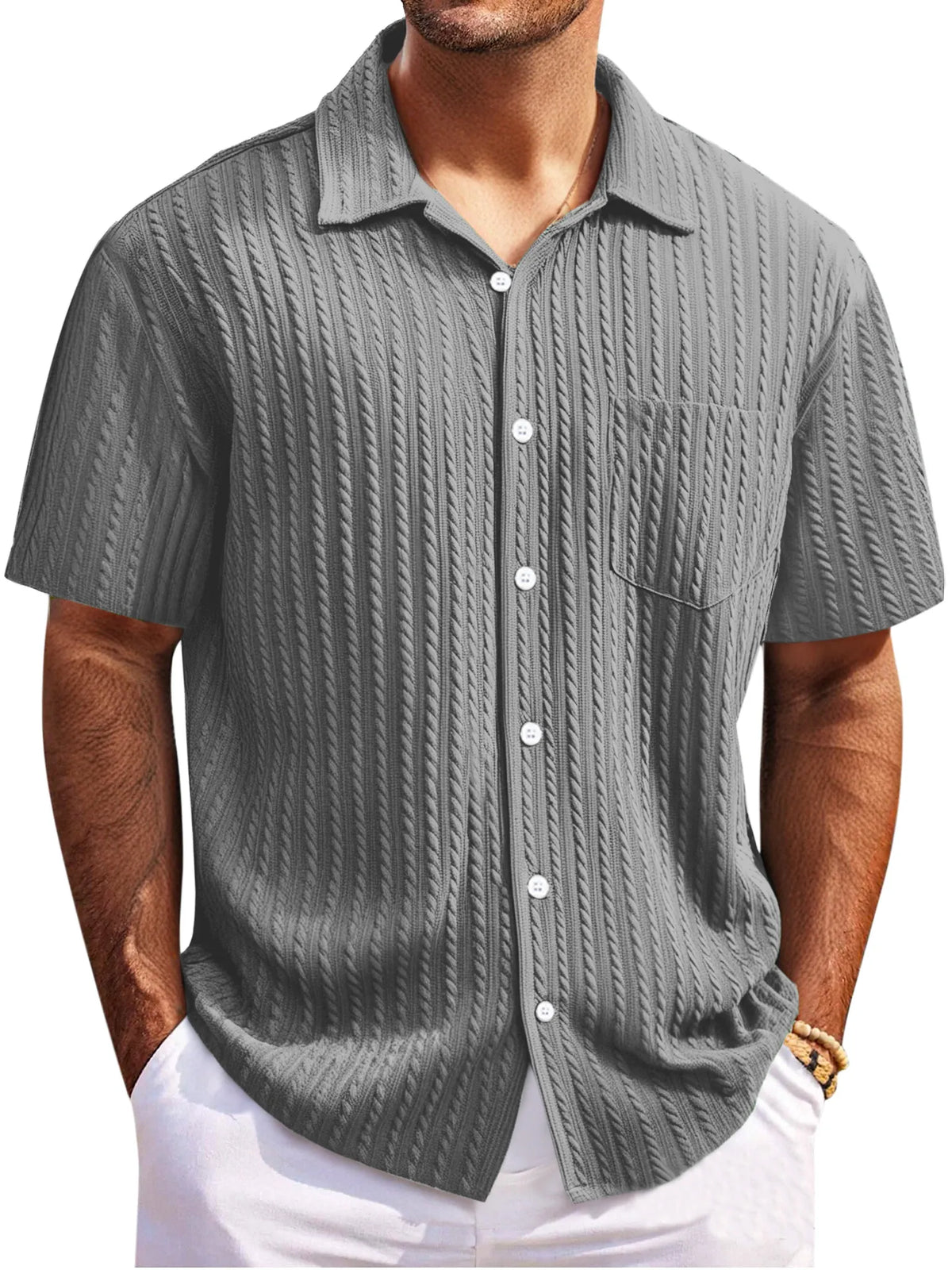 Men's Simple Everyday Twist Texture Short-sleeved Lapel Button-down Shirt