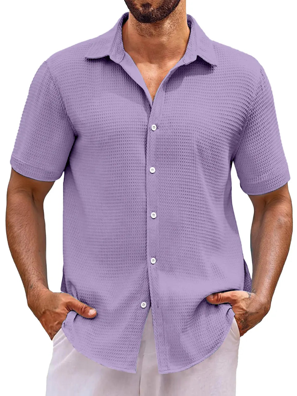 Men's Everyday Loose Solid Color Waffle Short Sleeve Shirt