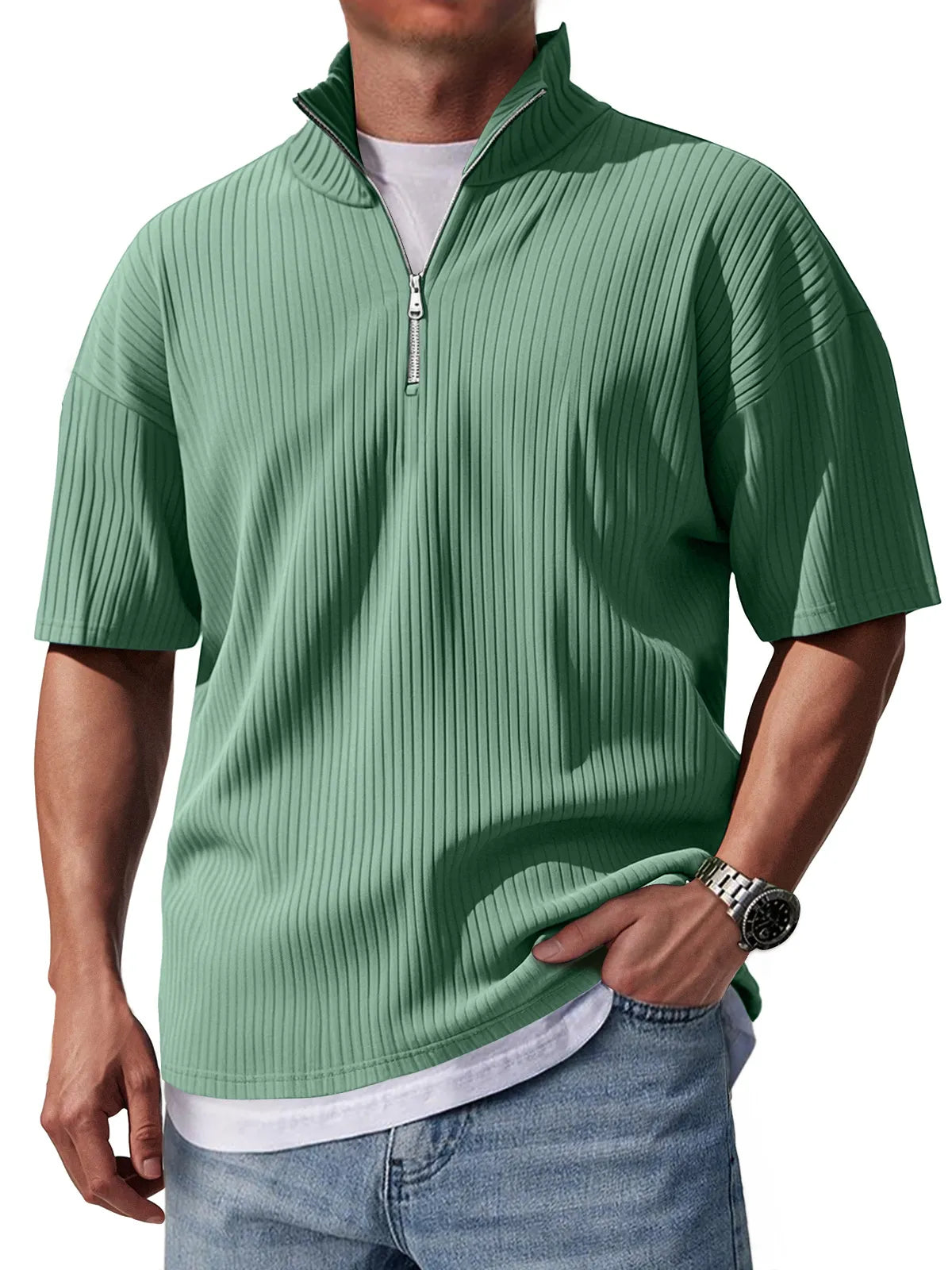 Men's Stand Collar Zipper Pit Casual Solid Color Short-sleeved T-shirt