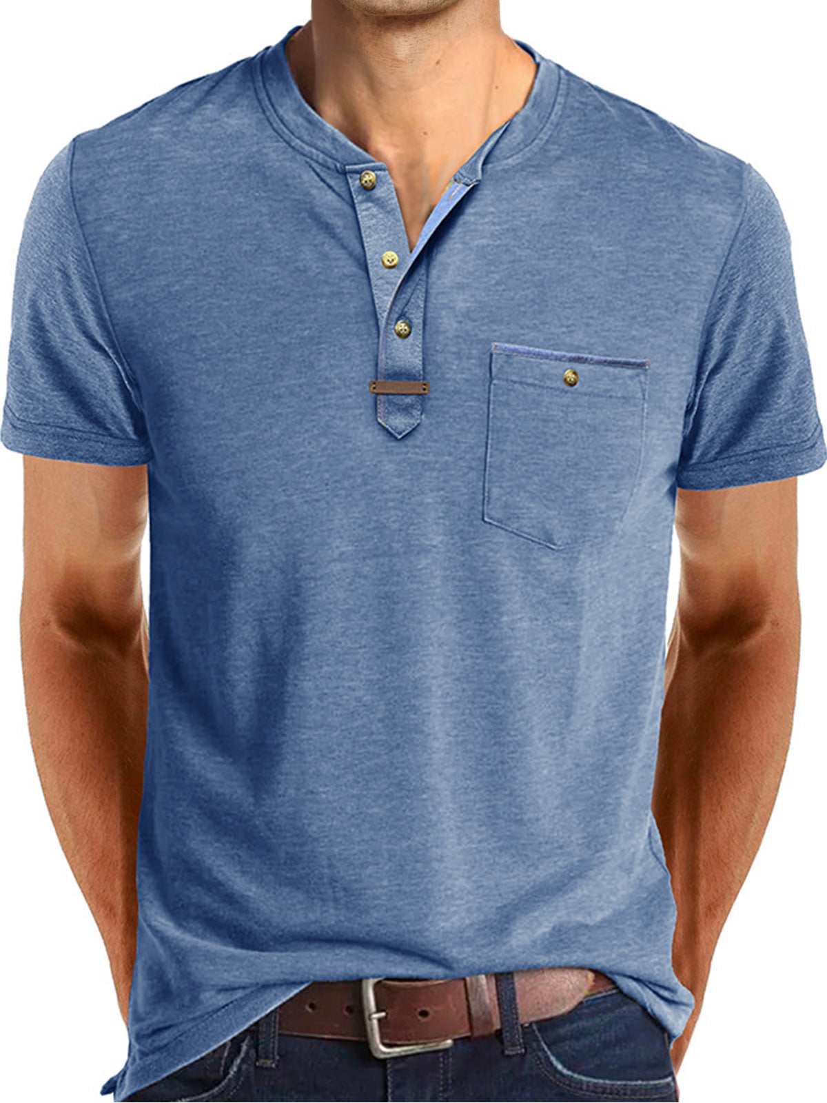 Men's Casual Button Solid Color Pocket Short Sleeve Henley Shirt