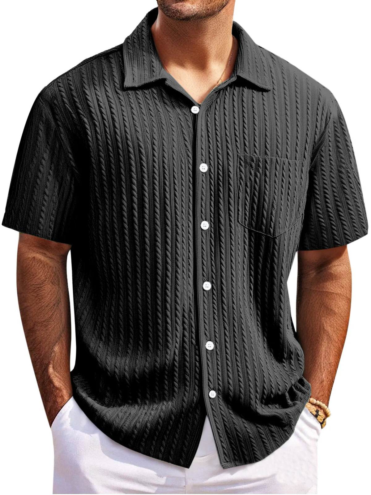Men's Simple Everyday Twist Texture Short-sleeved Lapel Button-down Shirt