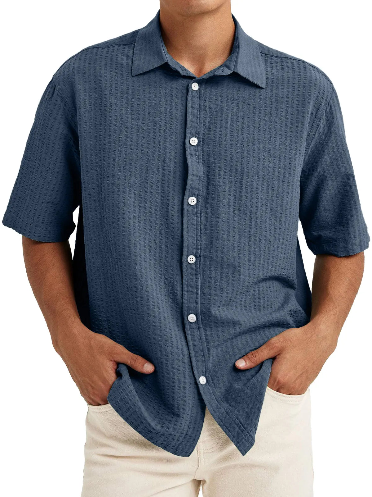 Men's Casual Textured Lapel Solid Color Short-sleeved Shirt