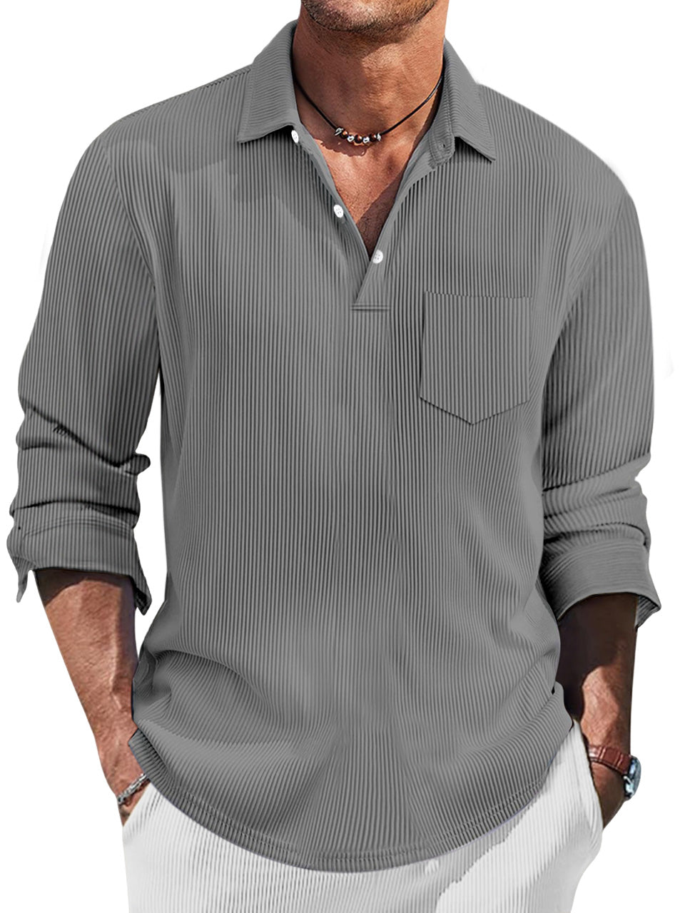 Men's Simple Solid Color Pit Lapel Button-up Polo Shirt
