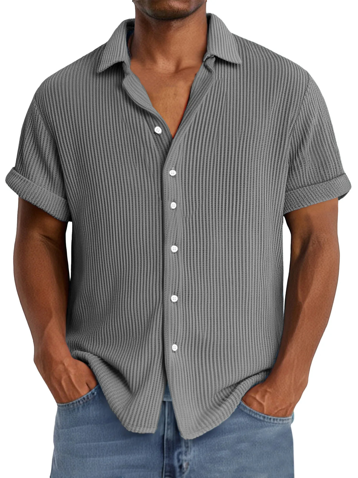 Men's summer casual simple waffle texture short-sleeved shirt