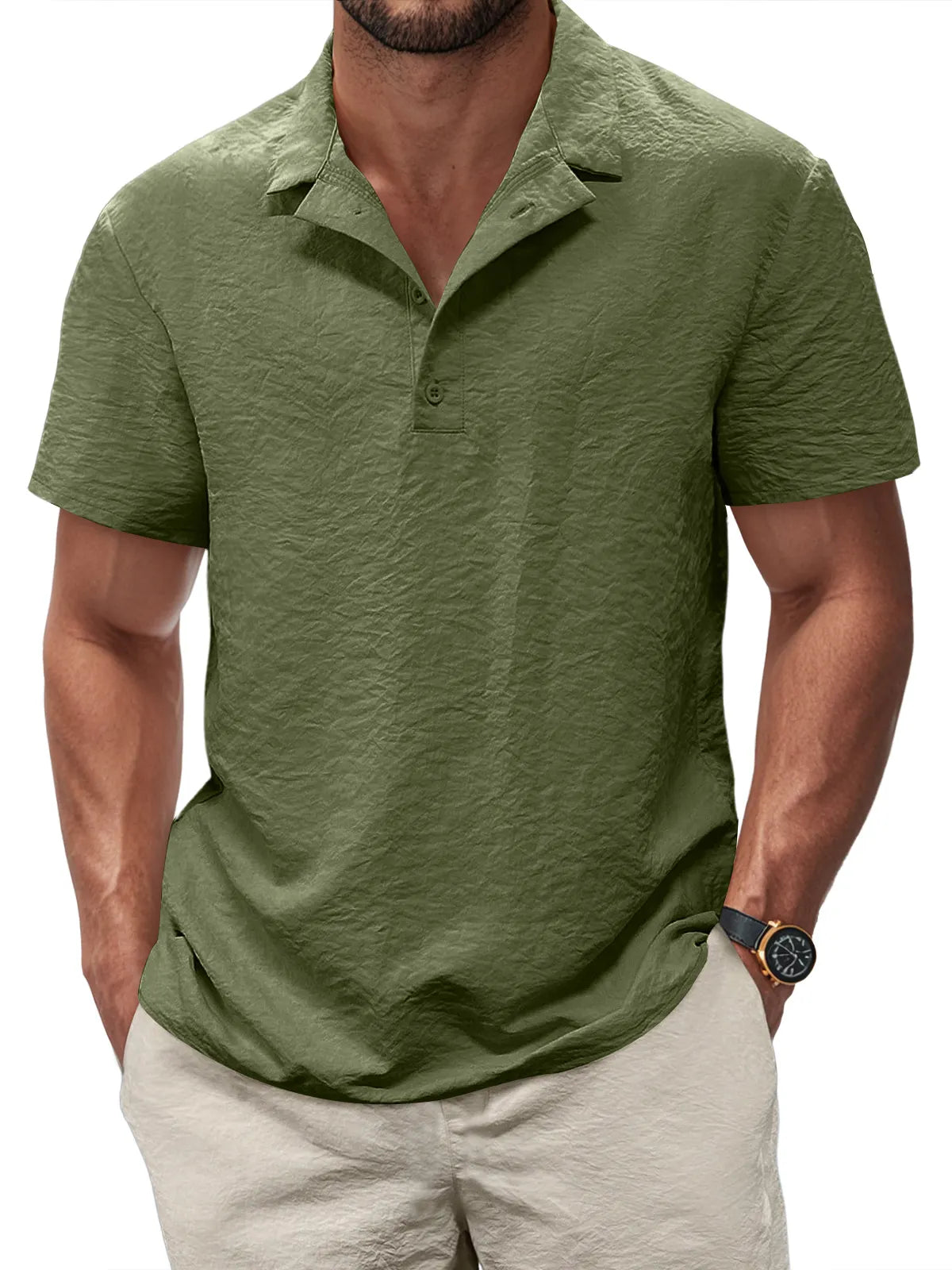 Men's Casual Pleated Texture Button Solid Color Short-sleeved Polo Shirt