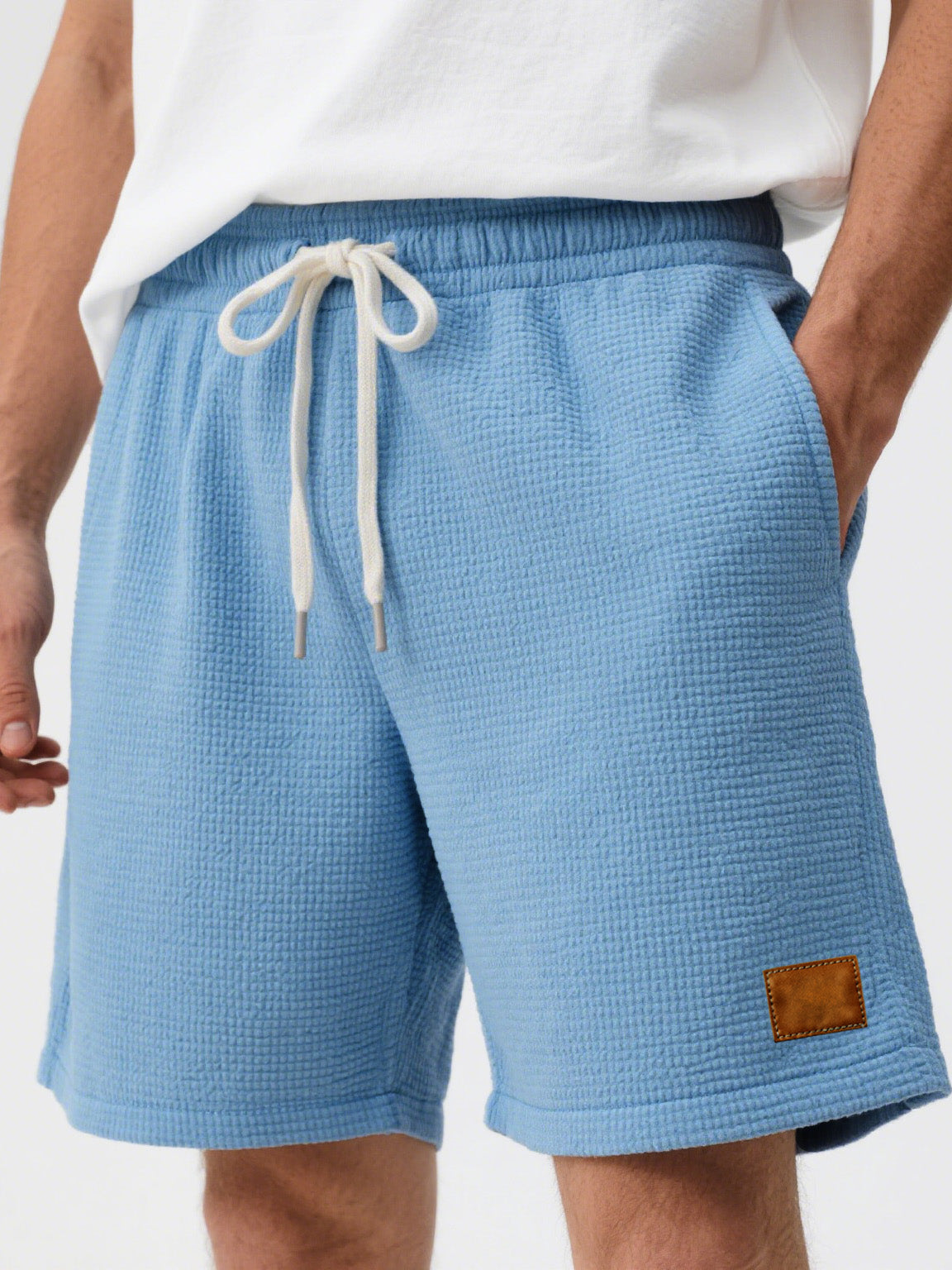 Men's Fashion Casual Waffle Fabric Embroidered Logo Lace-up Loose Shorts
