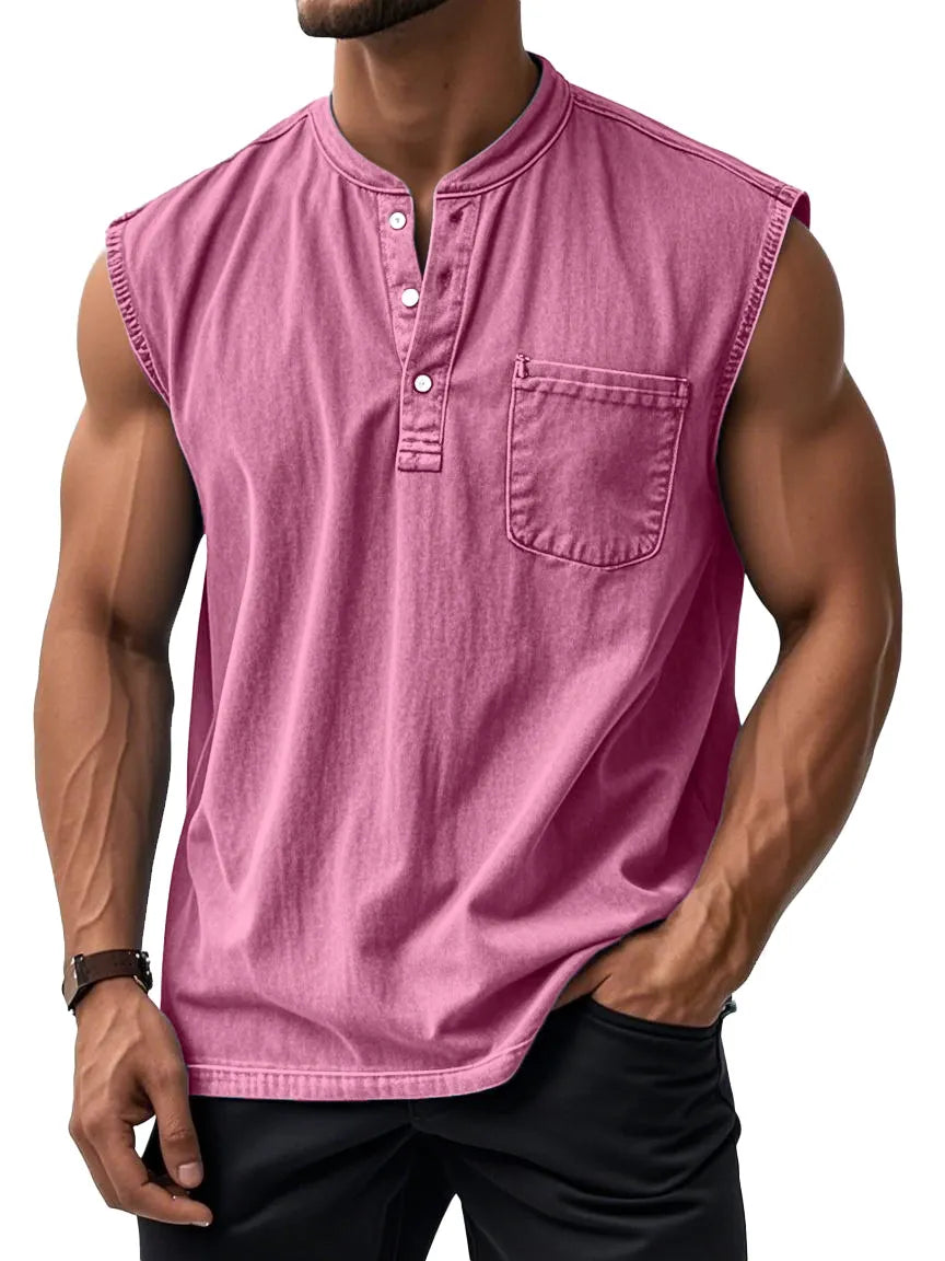 Men's Retro Solid Color Simple Sleeveless Henley Shirt