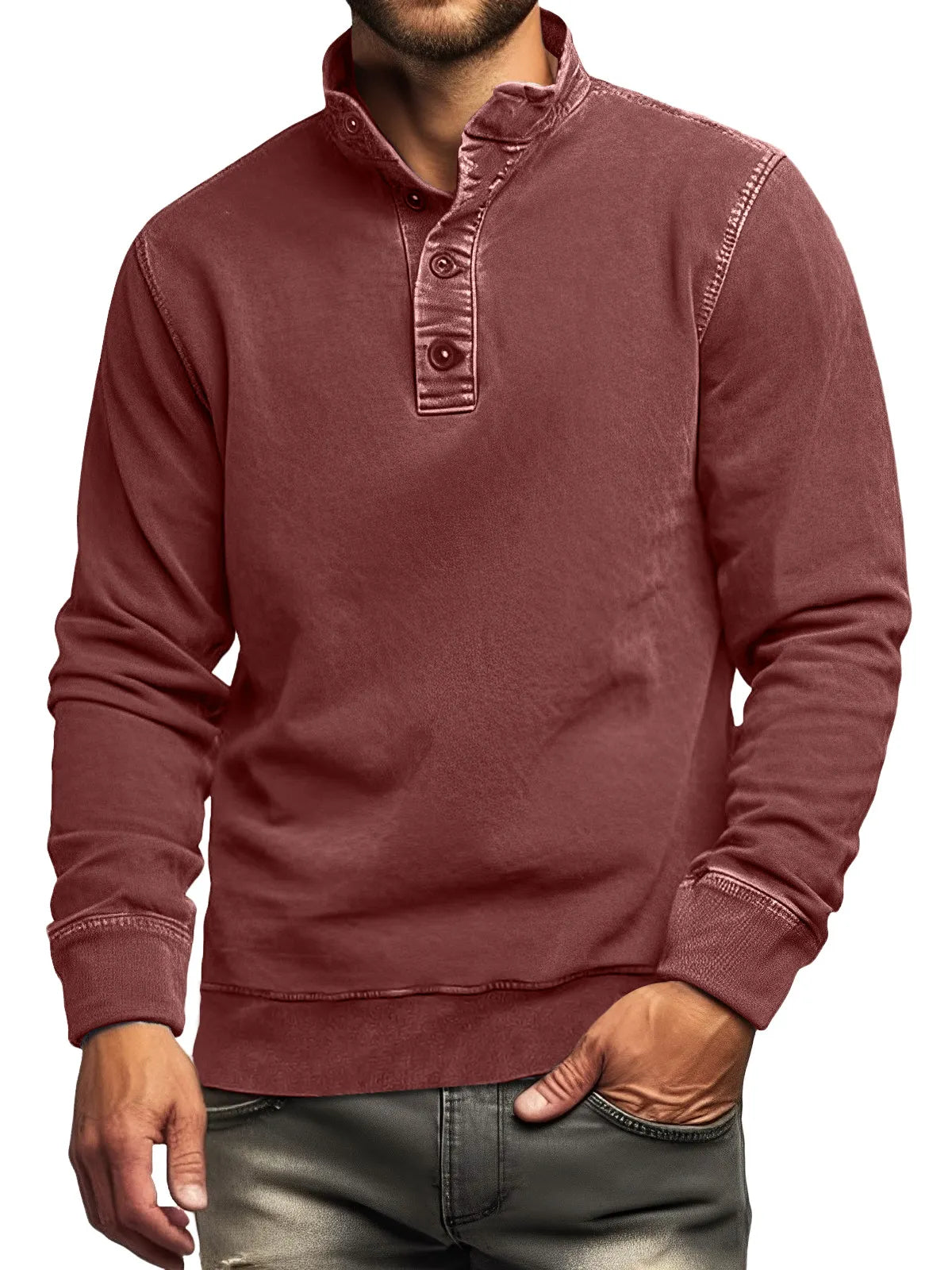 Men's Retro Casual Stand Collar Button Solid Color Sweatshirt