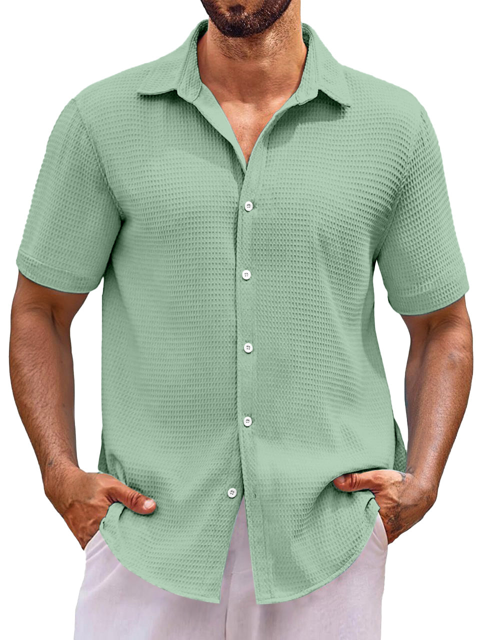 Men's Everyday Loose Solid Color Waffle Short Sleeve Shirt