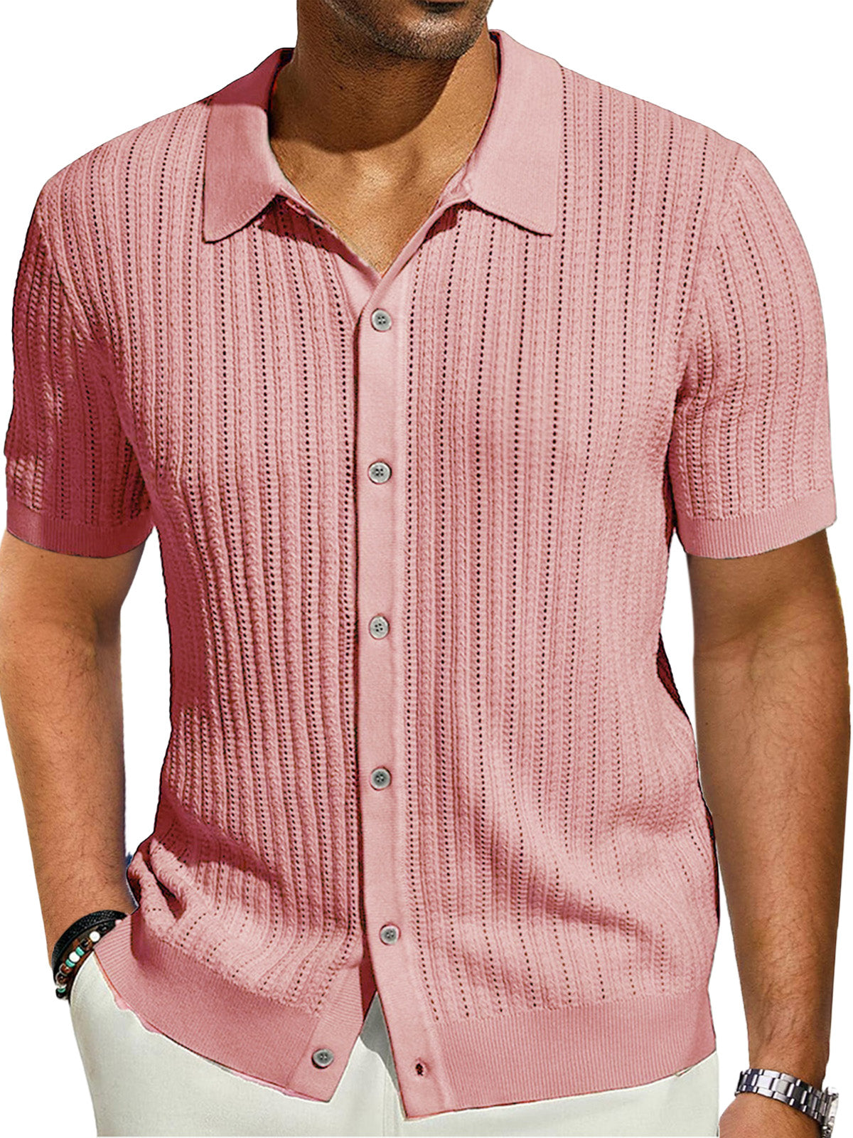 Men's Casual Solid Color Cool Knitted Short-sleeved Shirt