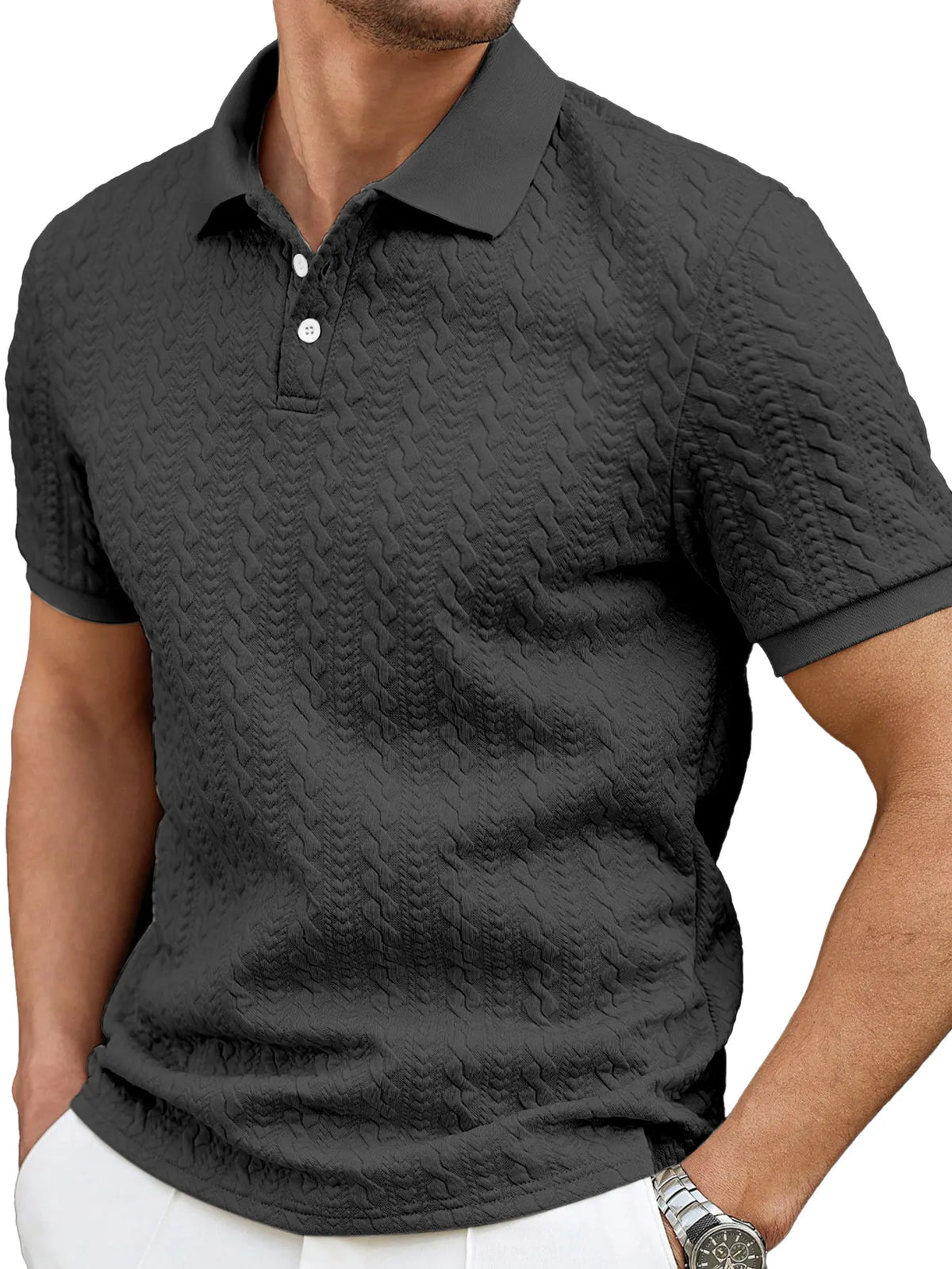 Men's Casual Solid Color Texture Loose Short-sleeved Lapel Polo Shirt