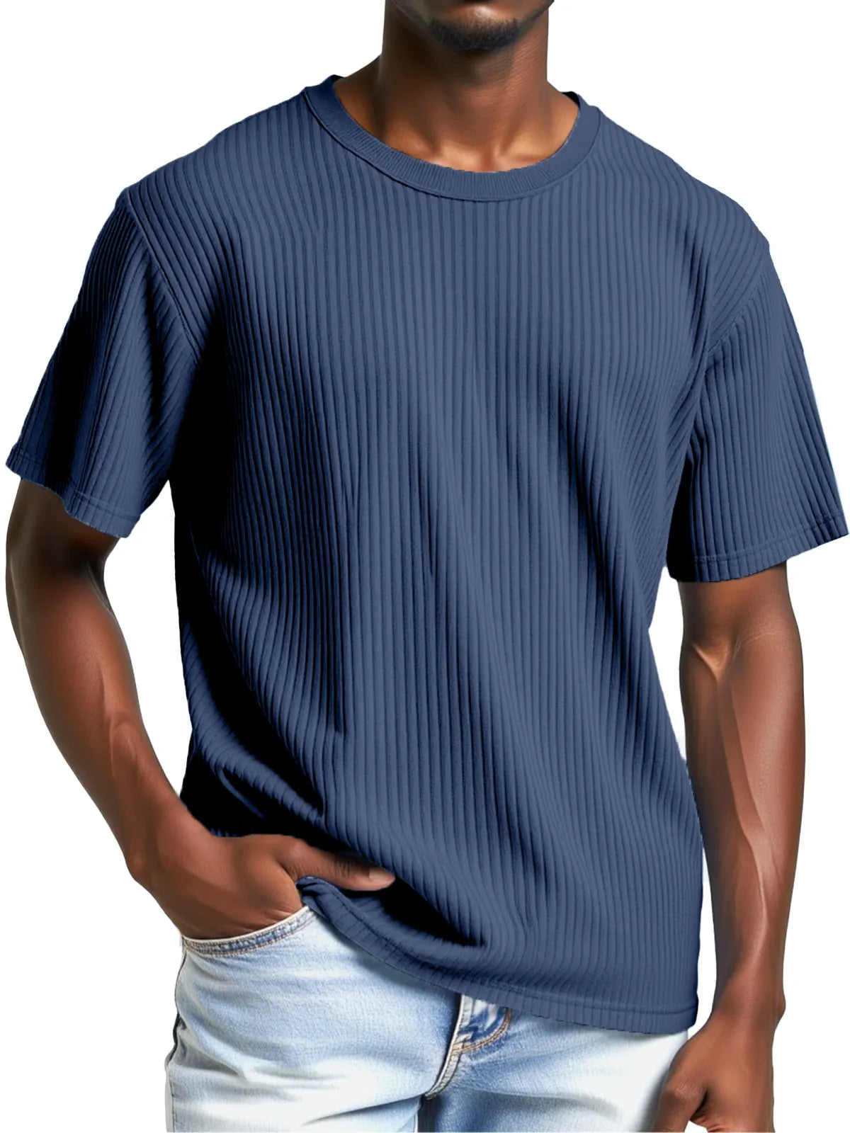 Men's Comfortable Solid Color Vertical Pit Round Neck Short-sleeved T-shirt