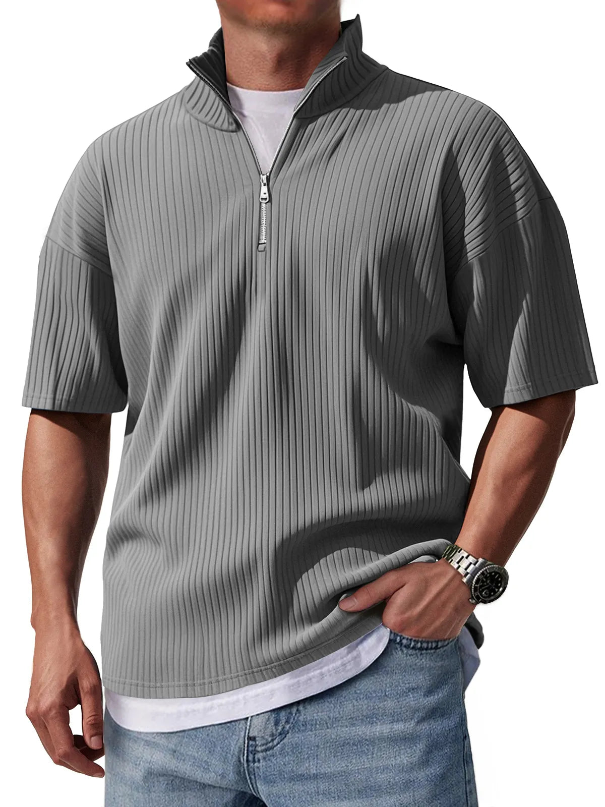 Men's Stand Collar Zipper Pit Casual Solid Color Short-sleeved T-shirt