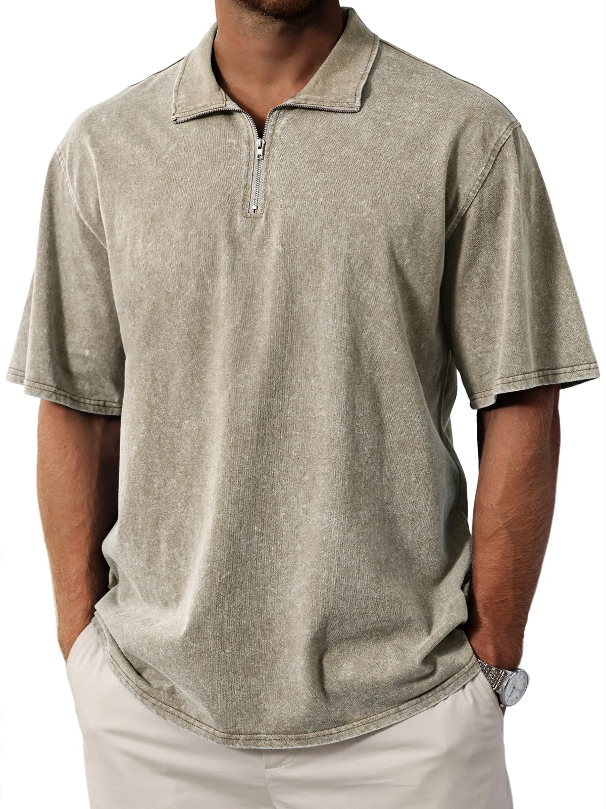 Men's Retro  Stand Collar Zipper Solid Color Short Sleeve T-Shirt