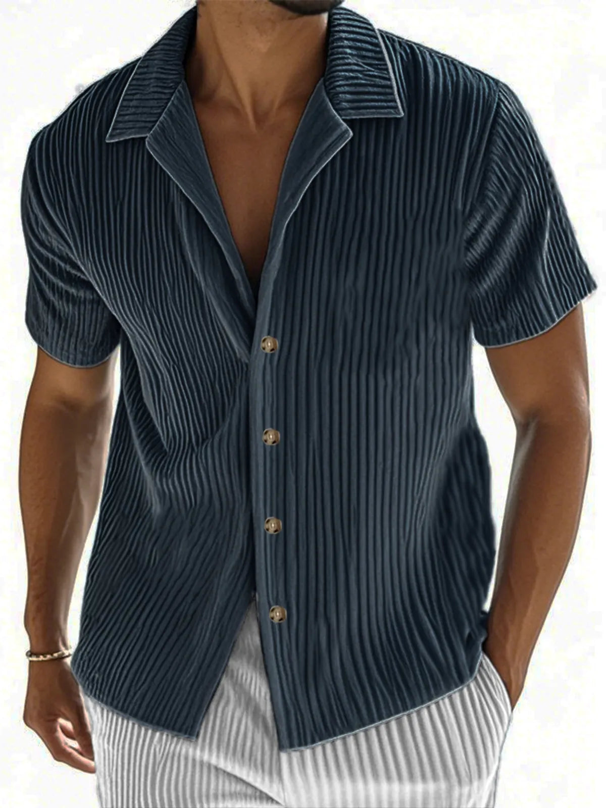 Men's Ribbed Vertical Striped Camp Collar Short-sleeved Lapel Shirt