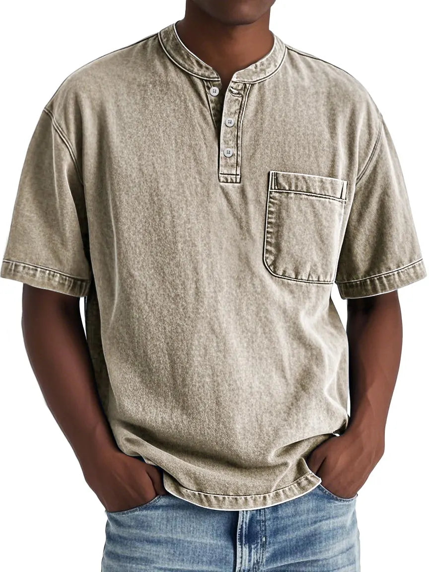 Men's Vintage Distressed Stand Collar Pocket Casual Short Sleeve Henley Shirt
