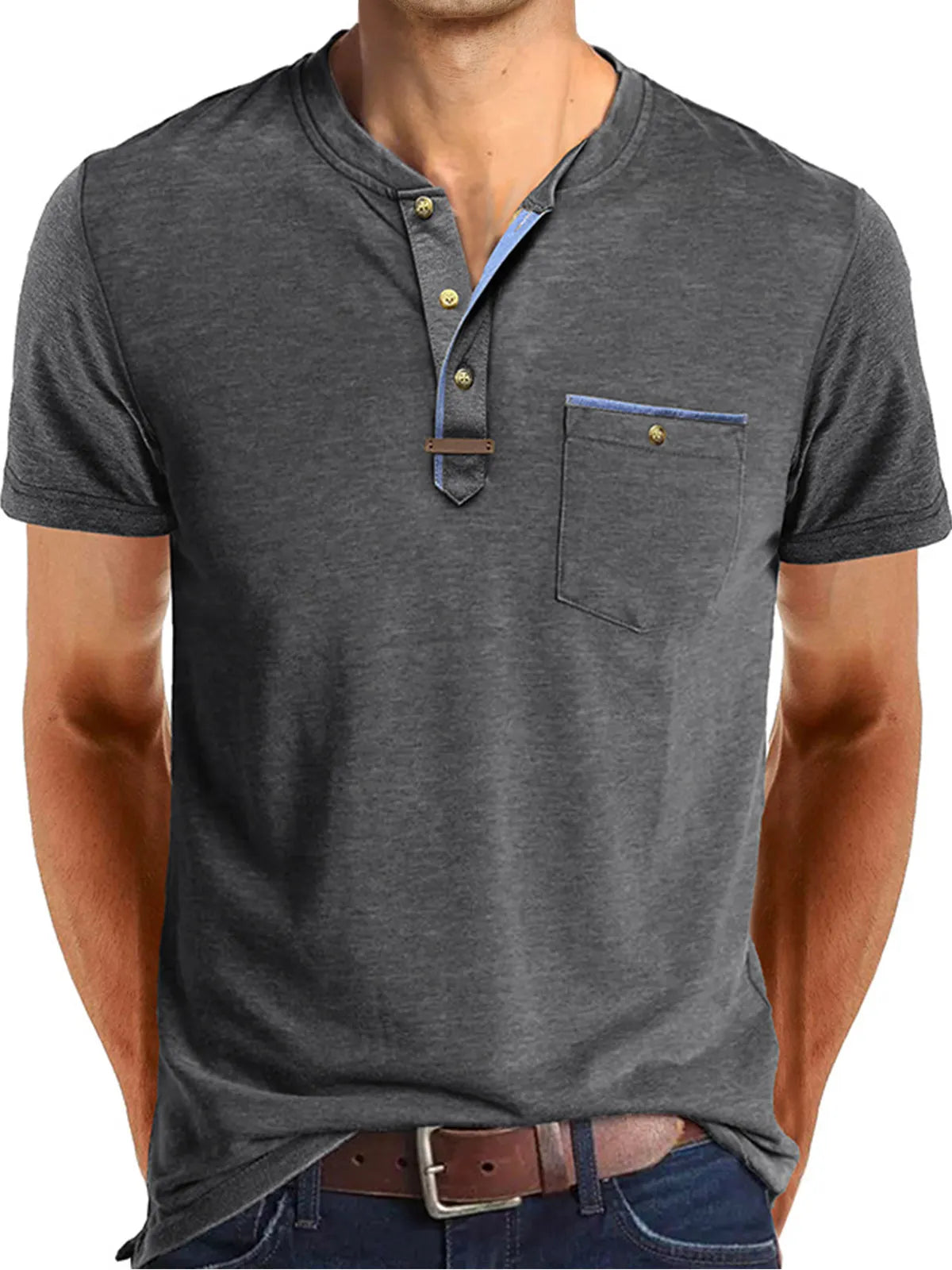 Men's Casual Button Solid Color Pocket Short Sleeve Henley Shirt