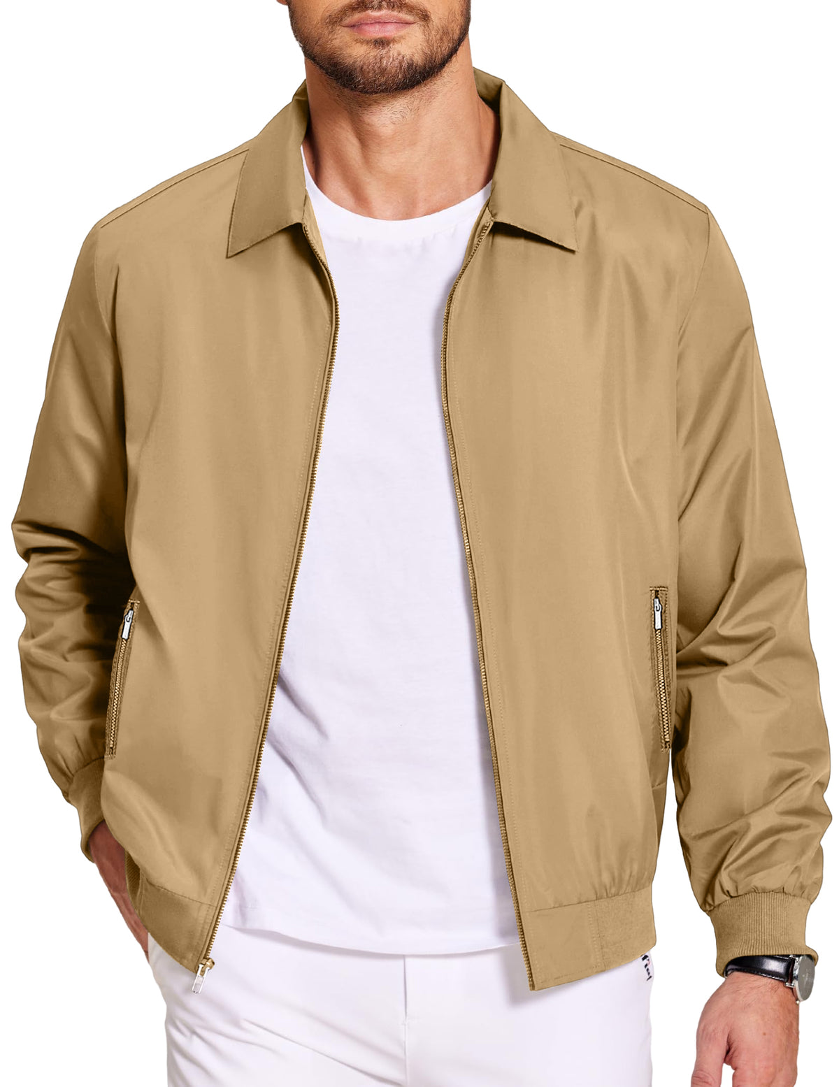 Men's Lightweight Jackets Casual Bomber Windbreaker Zip Up Collared Jacket Golf Windproof Coat