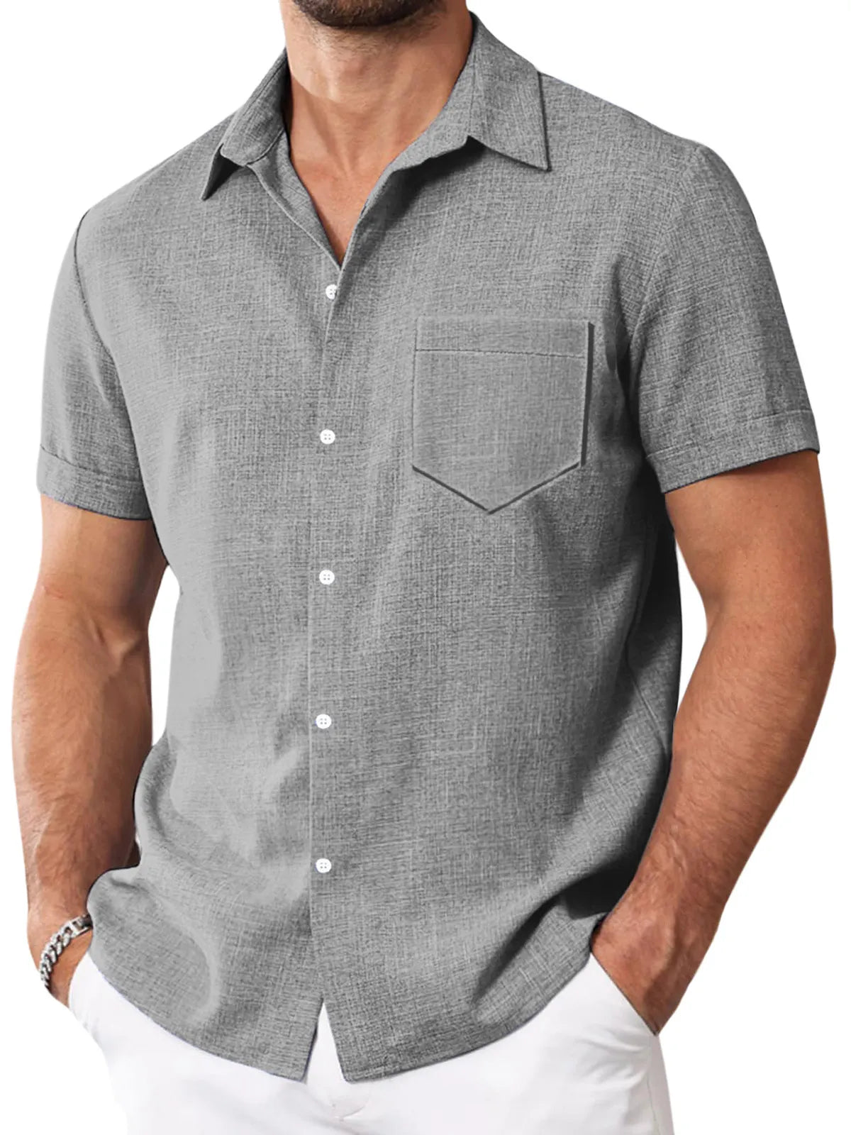 Men's Simple Solid Color Imitation Linen Lapel Button-down Short-sleeved Shirt