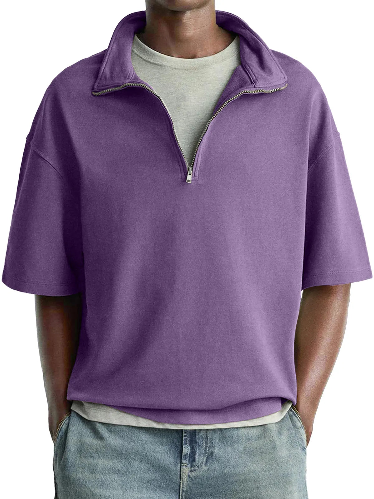 Men's Daily Casual Stand Collar Zipper Comfortable Short-sleeved T-shirt