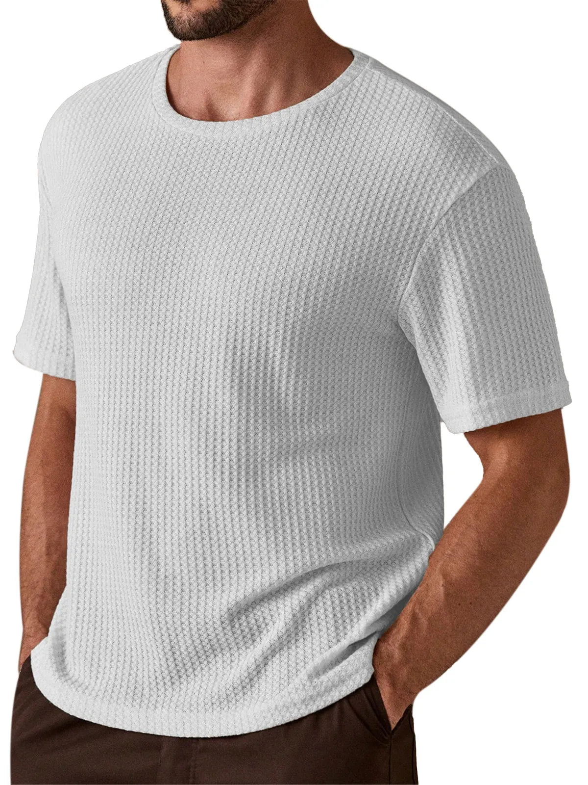 Men's Simple And Comfortable Solid Color Waffle Texture Round Neck Short-sleeved T-shirt