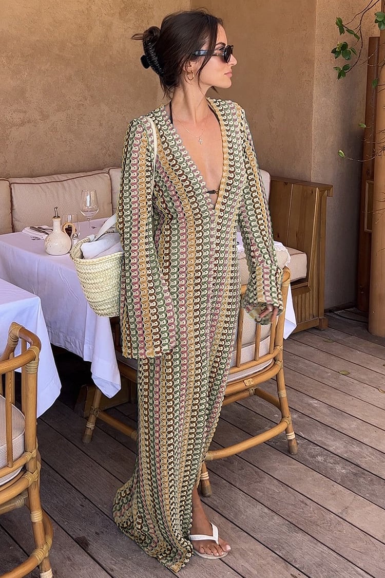 BOHO V NECK BELL SLEEVE WAVY STRIPED CROCHET BEACH VACATION MAXI DRESS