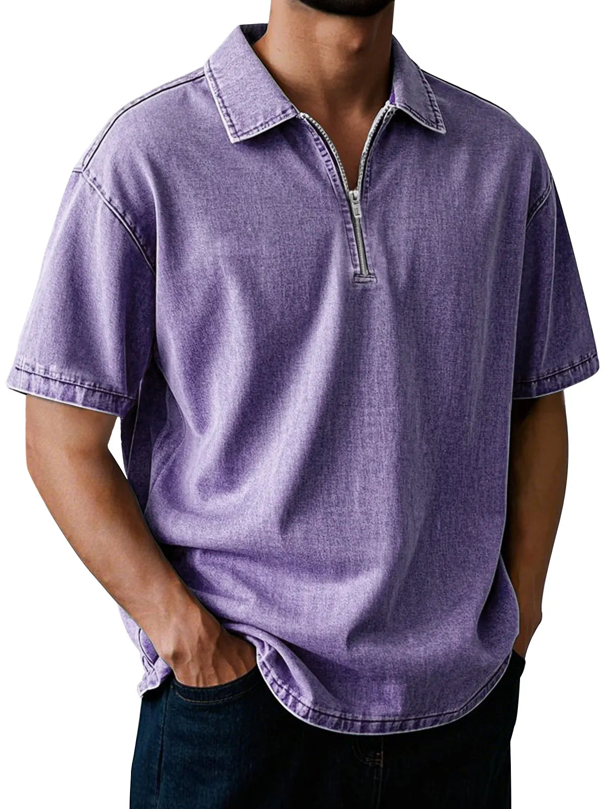 Men's Casual Retro Lapel Zipper Solid Color Short Sleeve POLO Shirt