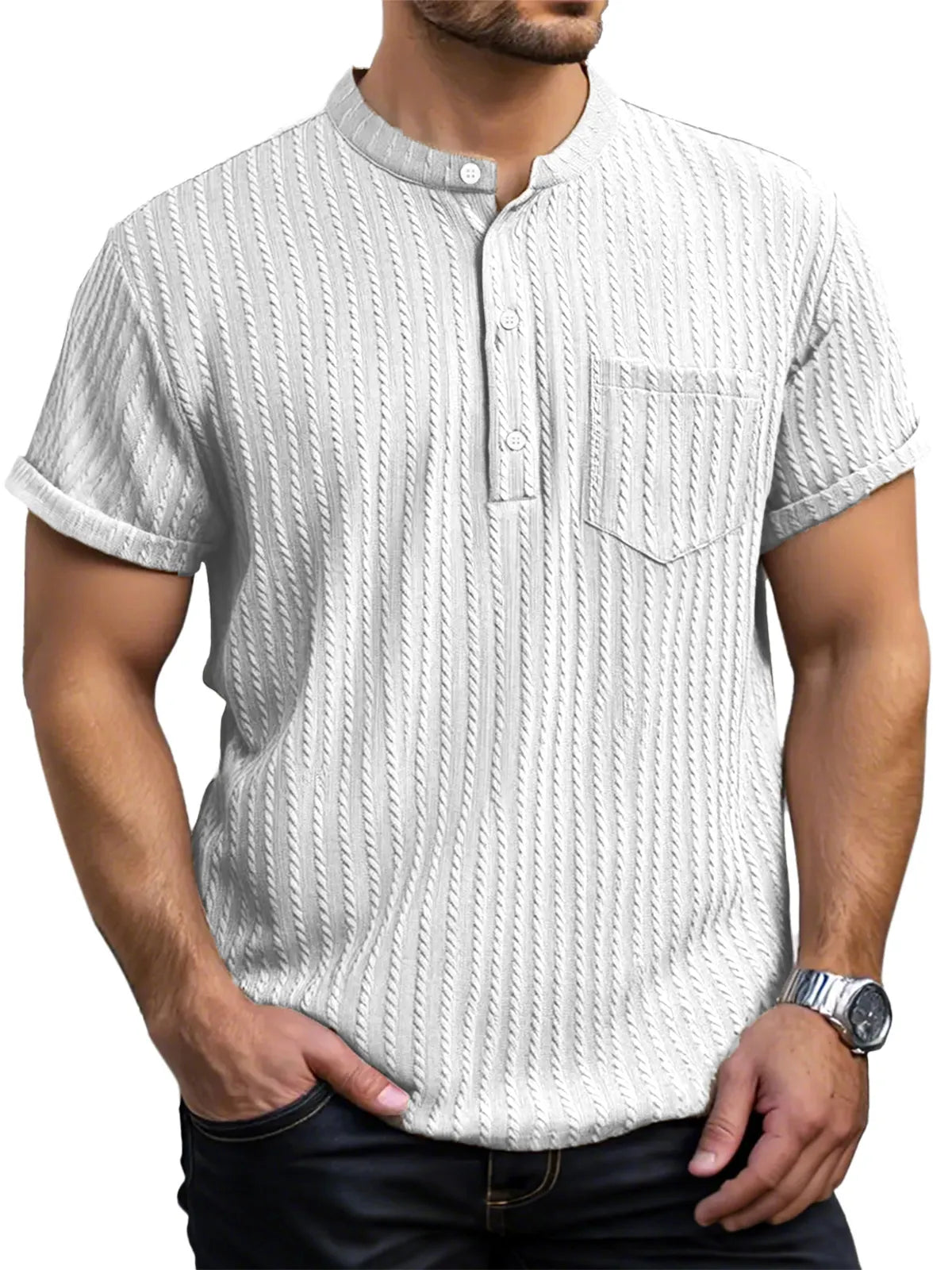 Men's Everyday Casual Short Sleeve Textured Button Henley Shirt
