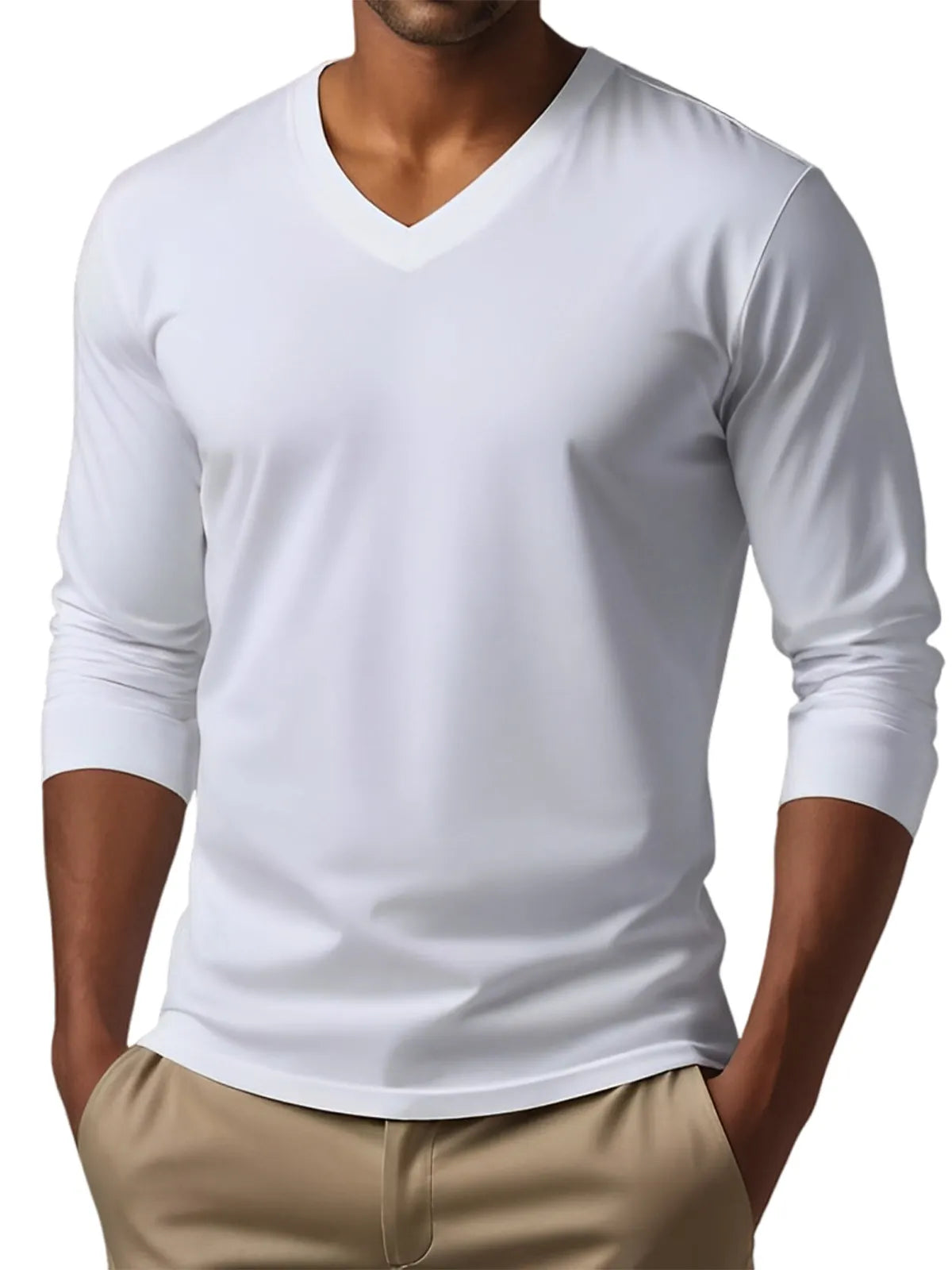 Men's V-neck casual solid color long-sleeved T-shirt