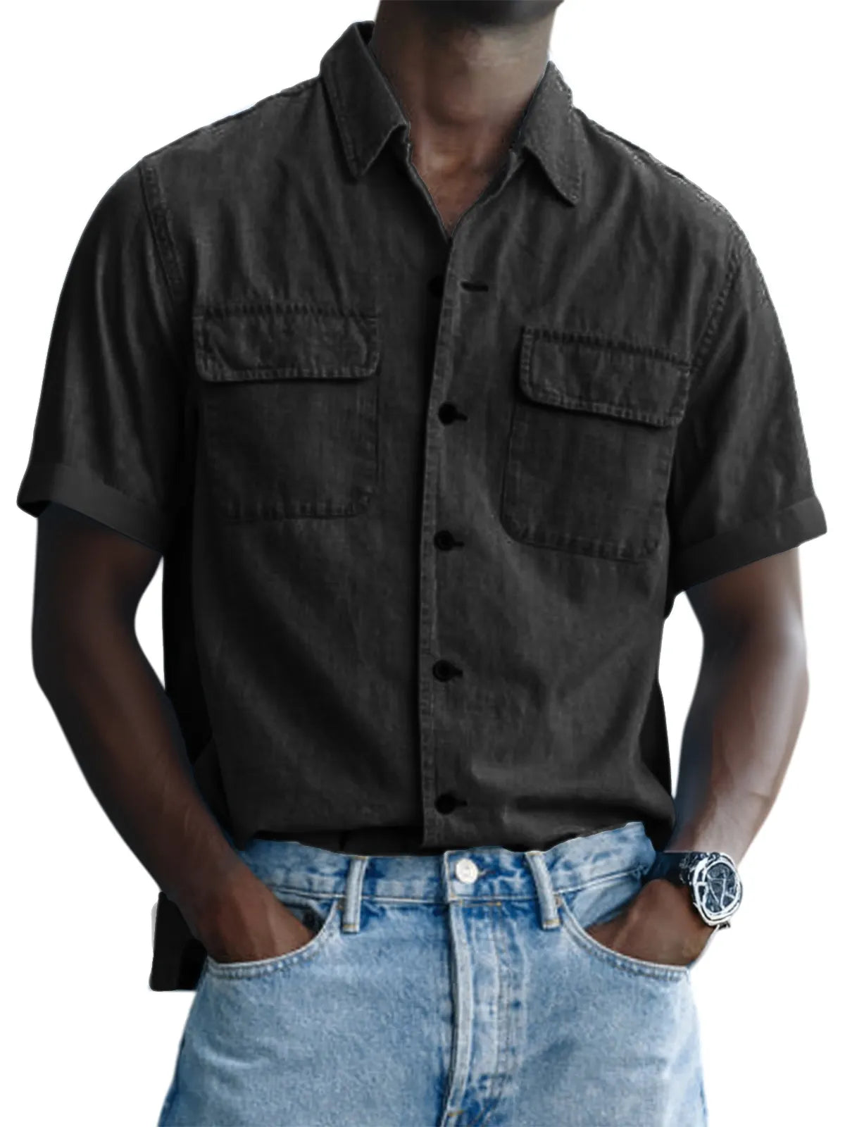 Men's Vintage Utility Double Pocket Button Down Short Sleeve Shirt
