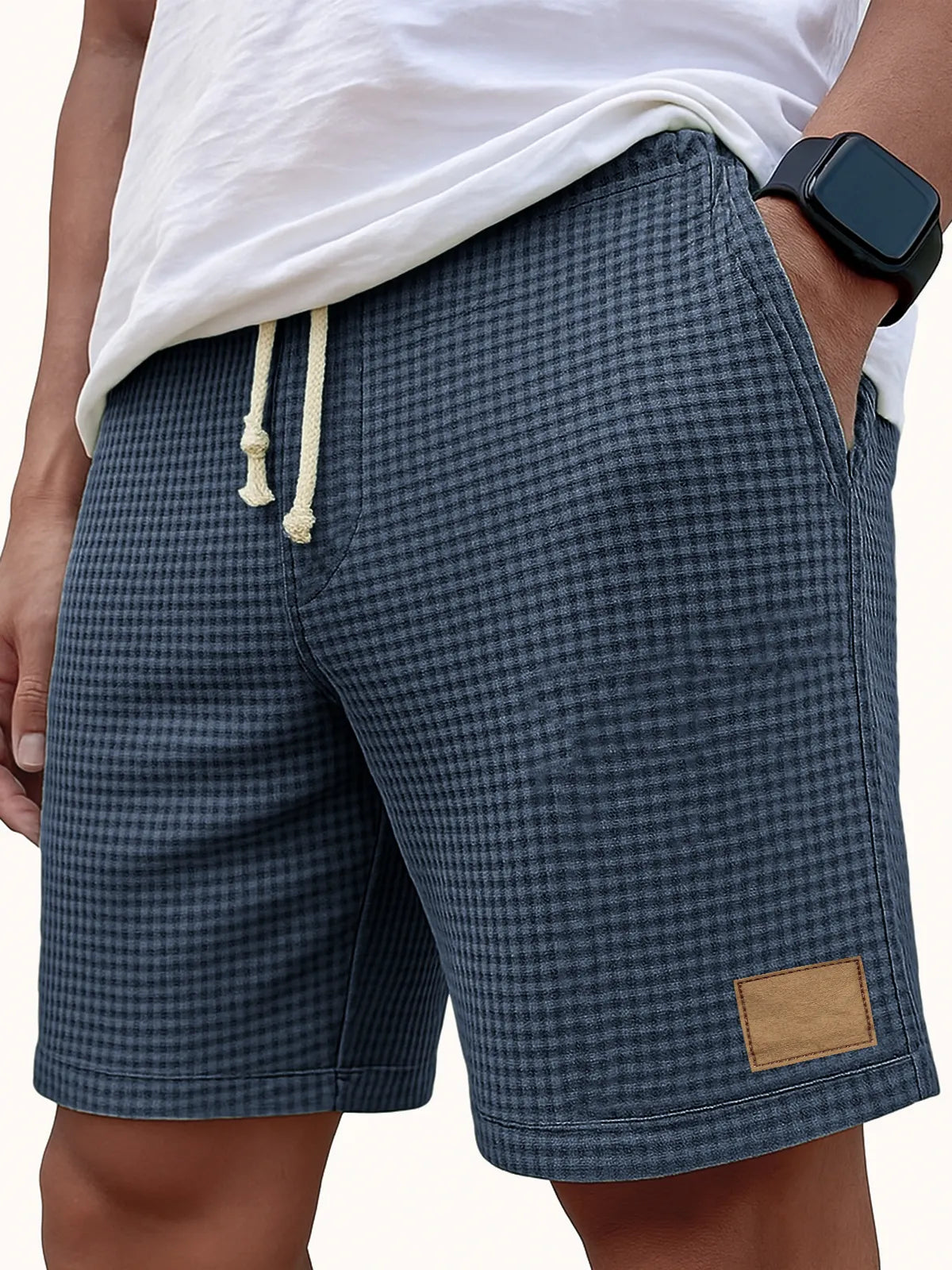 Men's Comfortable Waffle Vintage Embroidered Logo Casual Lace Up Loose Shorts
