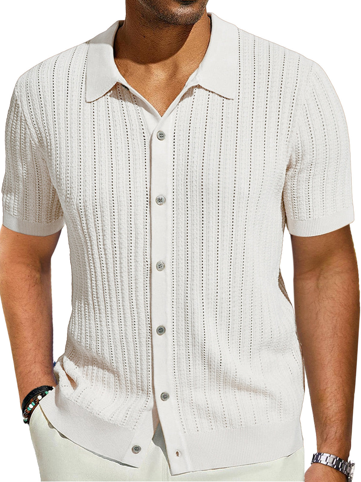 Men's Casual Solid Color Cool Knitted Short-sleeved Shirt